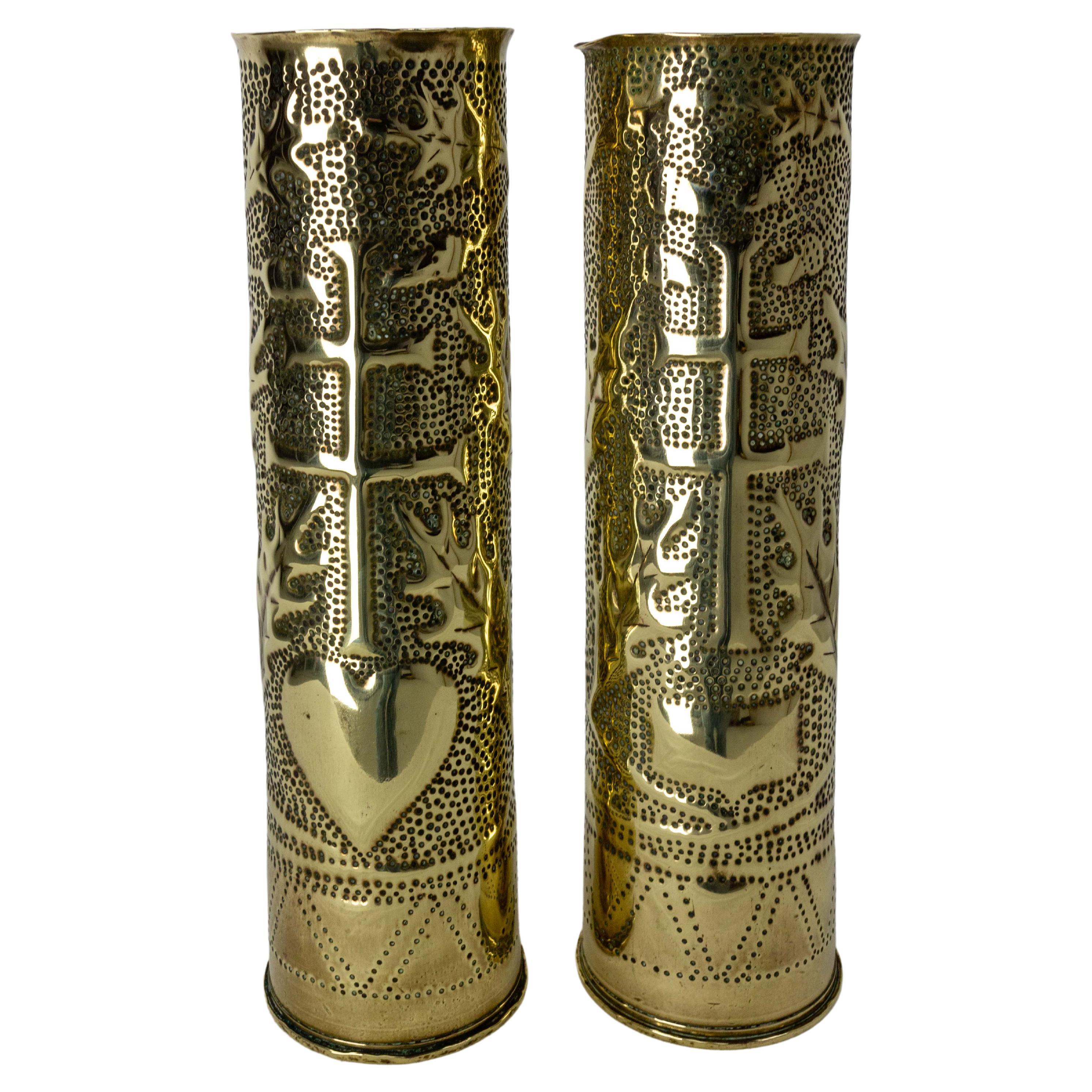 French Pair of World War I Brass Engraved Shell Casings Trench Artillery, French
