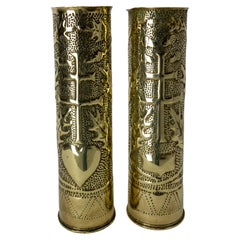 Antique French Pair of World War I Brass Engraved Shell Casings Trench Artillery, French