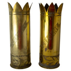 Vintage French Pair of World War I Brass Engraved Shell Casings Trench Artillery, French