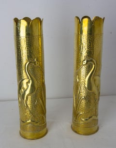 French Pair of World War I Brass Heron Engraved Shells Casing Trench Artillery