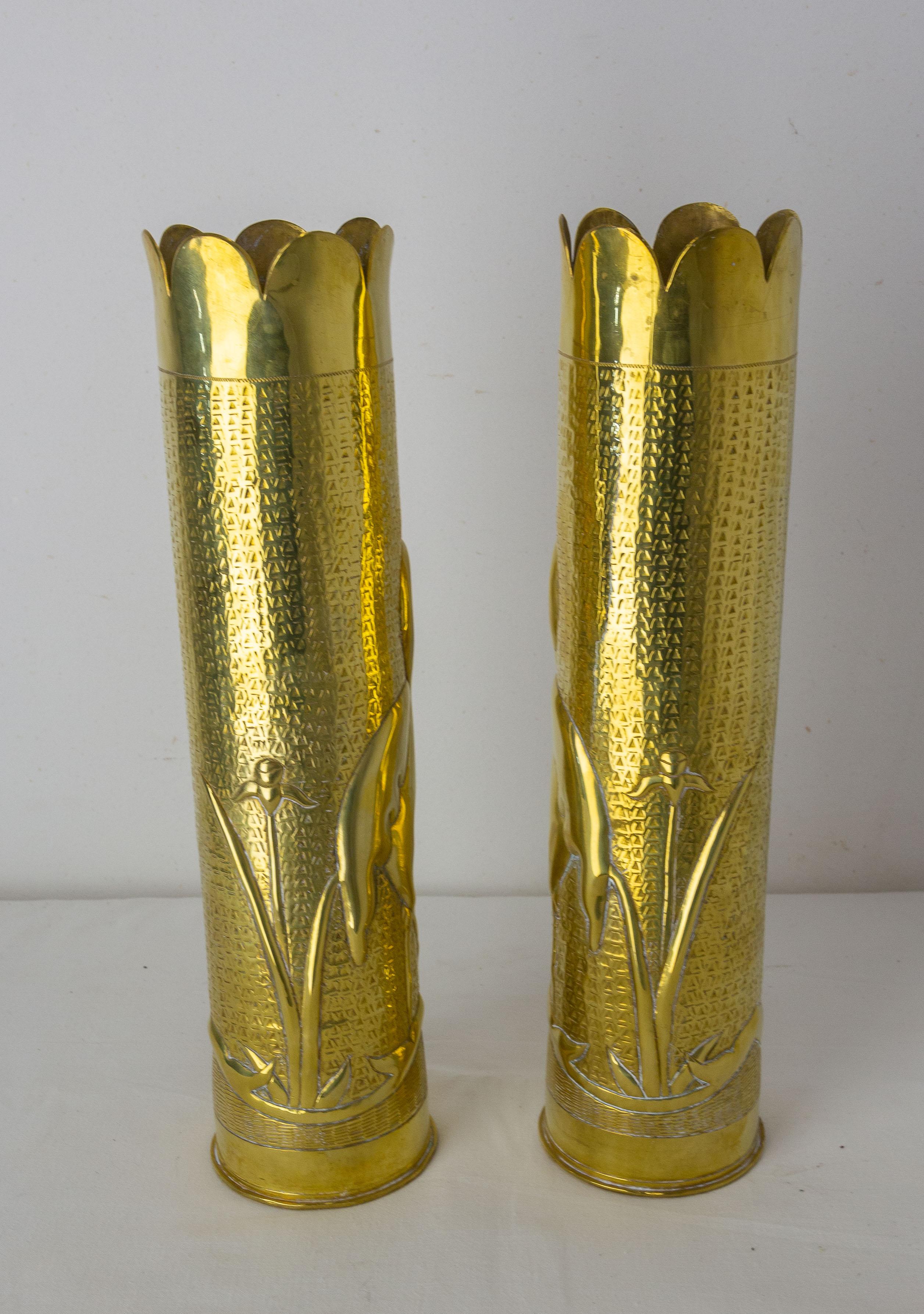 French Provincial French Pair of World War I Brass Heron Engraved Shells Casing Trench Artillery For Sale