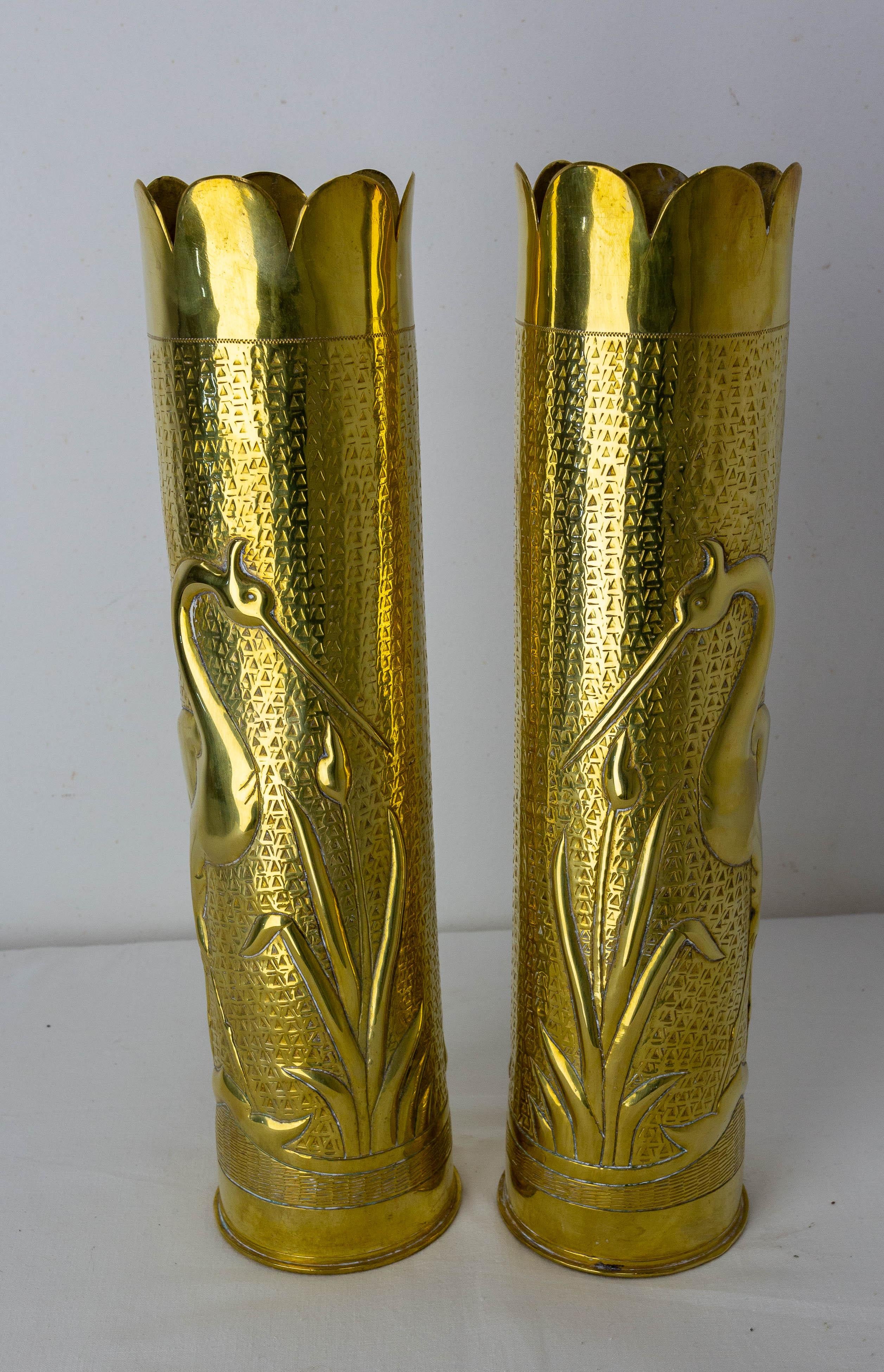 20th Century French Pair of World War I Brass Heron Engraved Shells Casing Trench Artillery For Sale