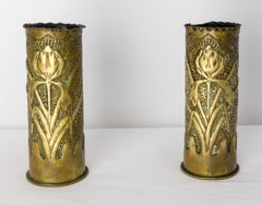 French Pair of World War i Brass Iris Engraved Shells Casing Trench Artillery