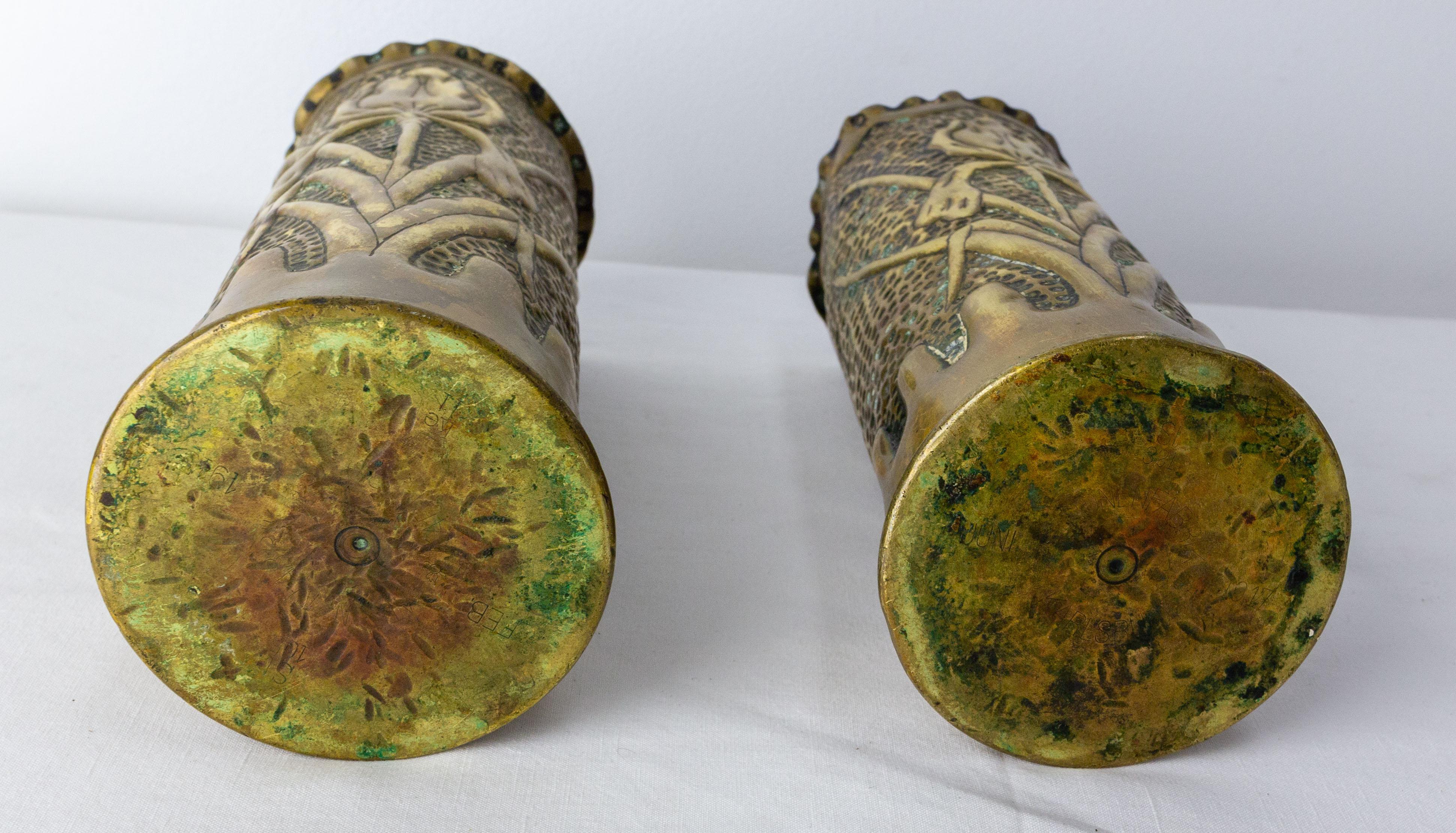 20th Century French Pair of World War i Brass Iris Engraved Shells Casing Trench Artillery