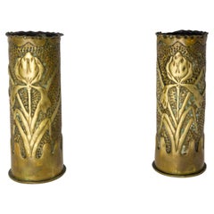 French Pair of World War i Brass Iris Engraved Shells Casing Trench Artillery