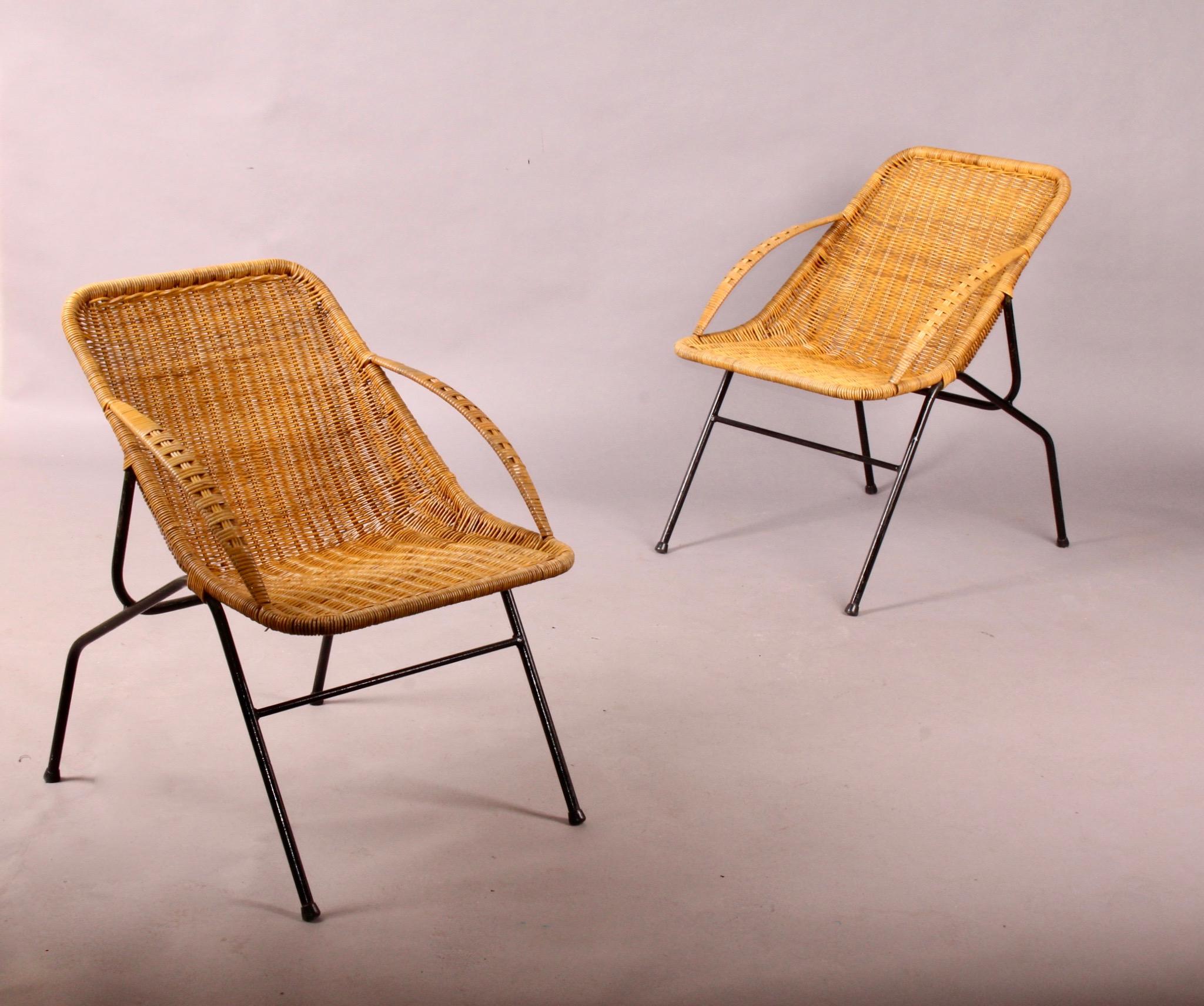 French pair of woven cane chairs, 1950s.