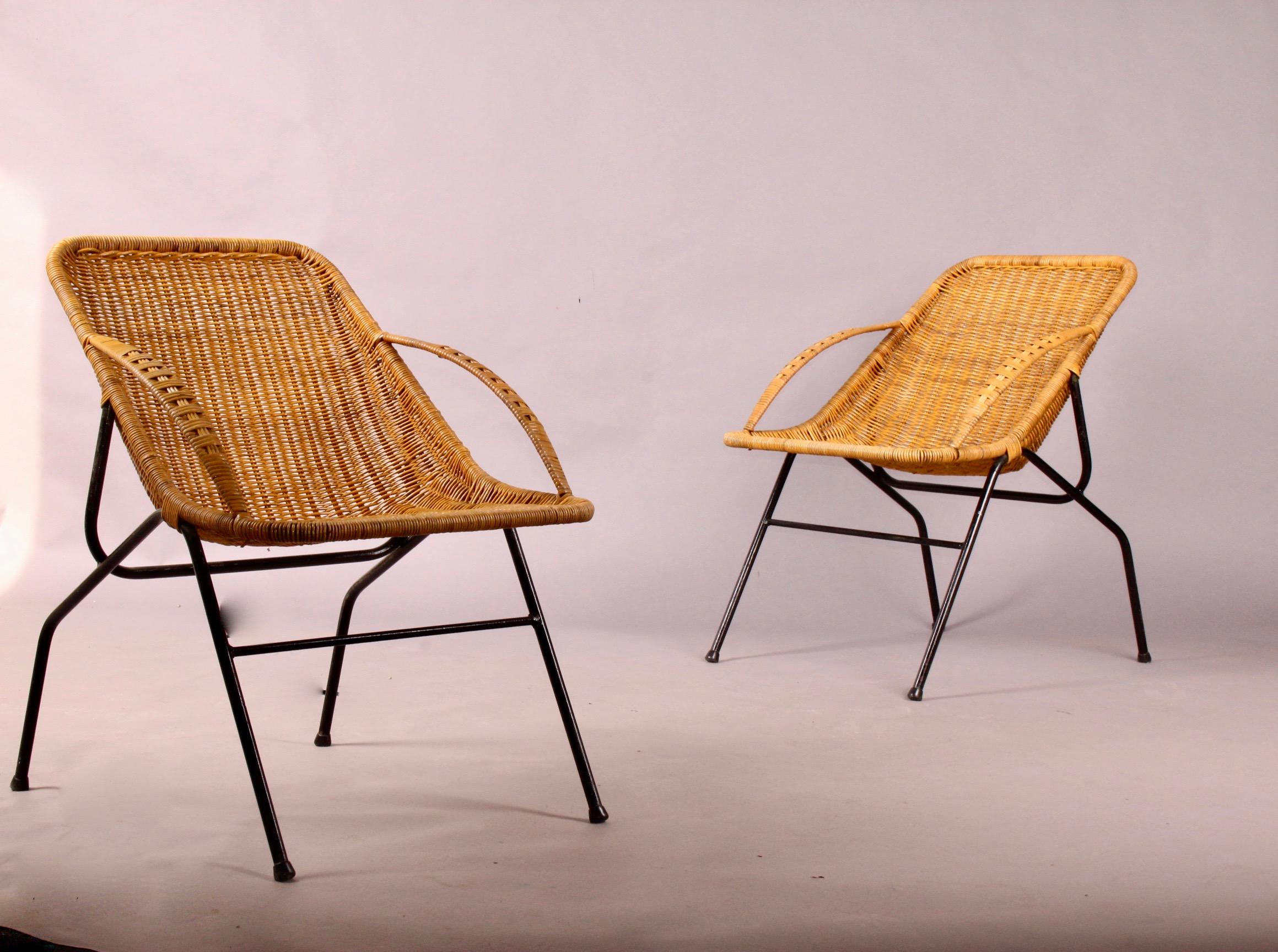 French Pair of Woven Cane Chairs, 1950s In Good Condition In grand Lancy, CH
