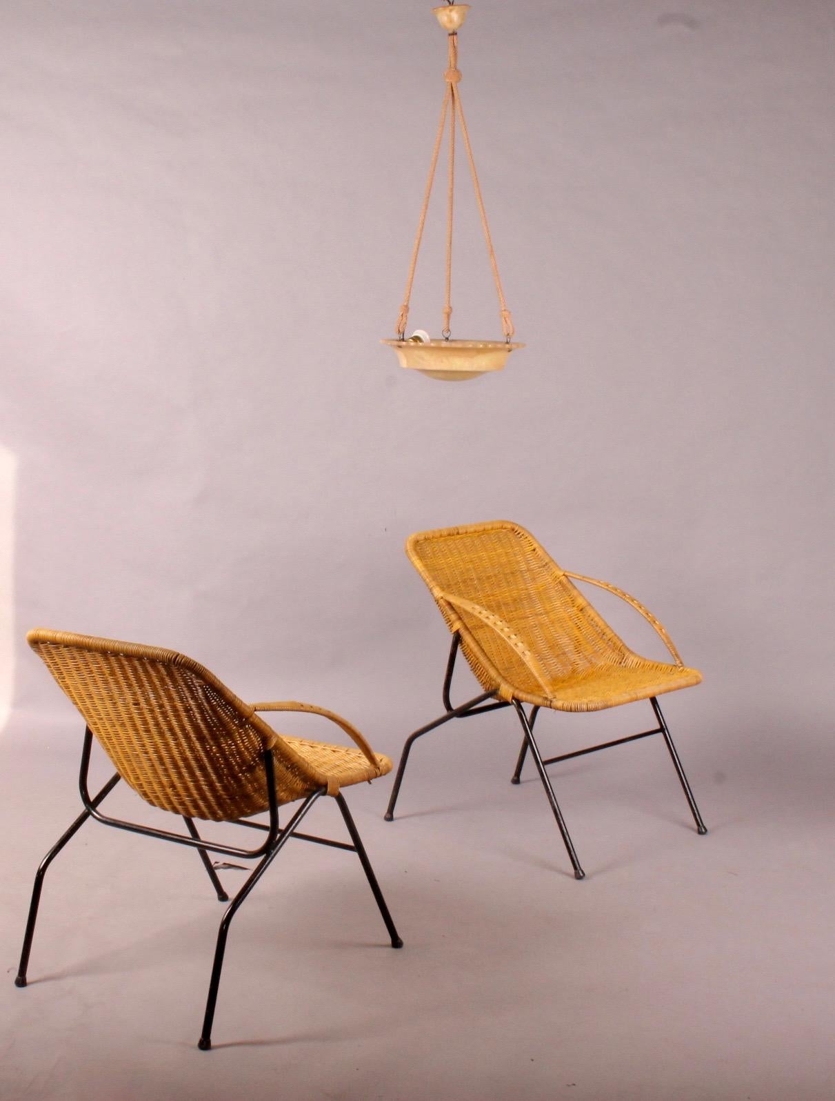Mid-20th Century French Pair of Woven Cane Chairs, 1950s