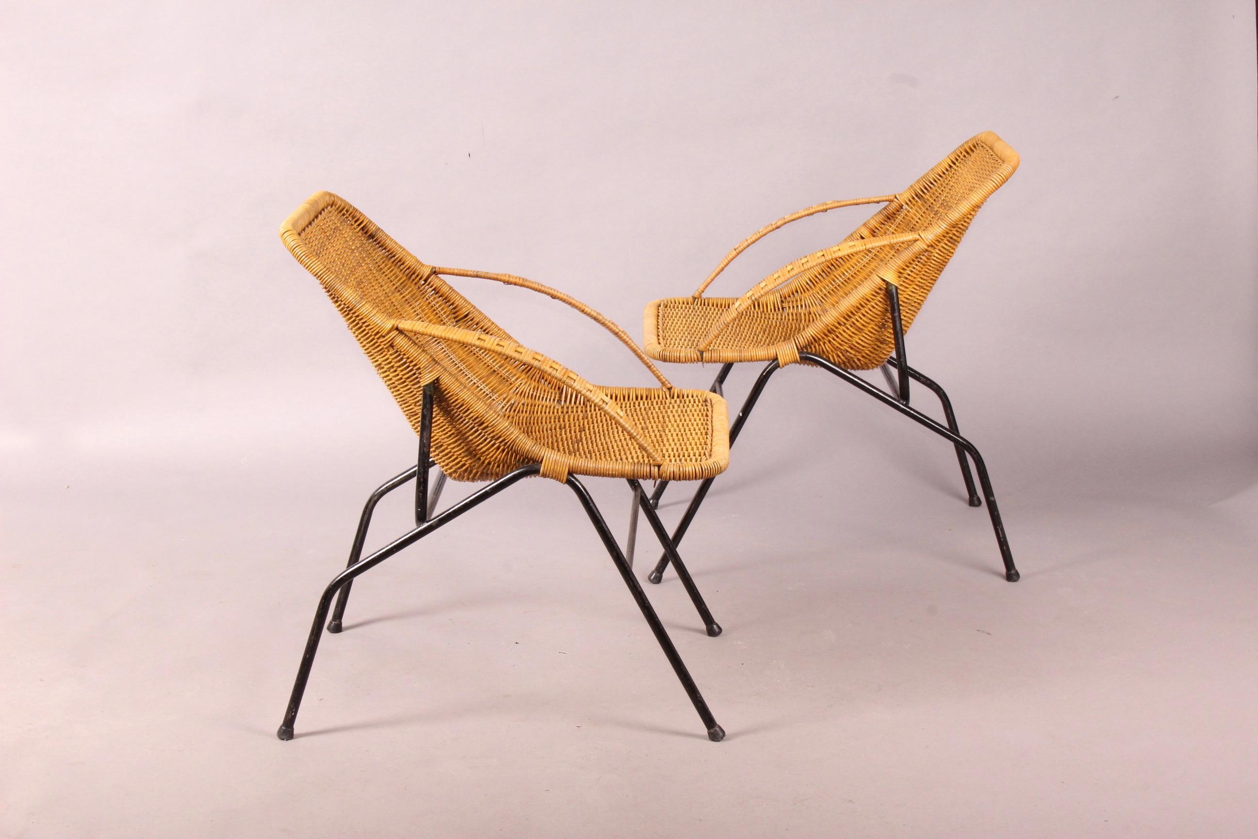 French Pair of Woven Cane Chairs, 1950s 1