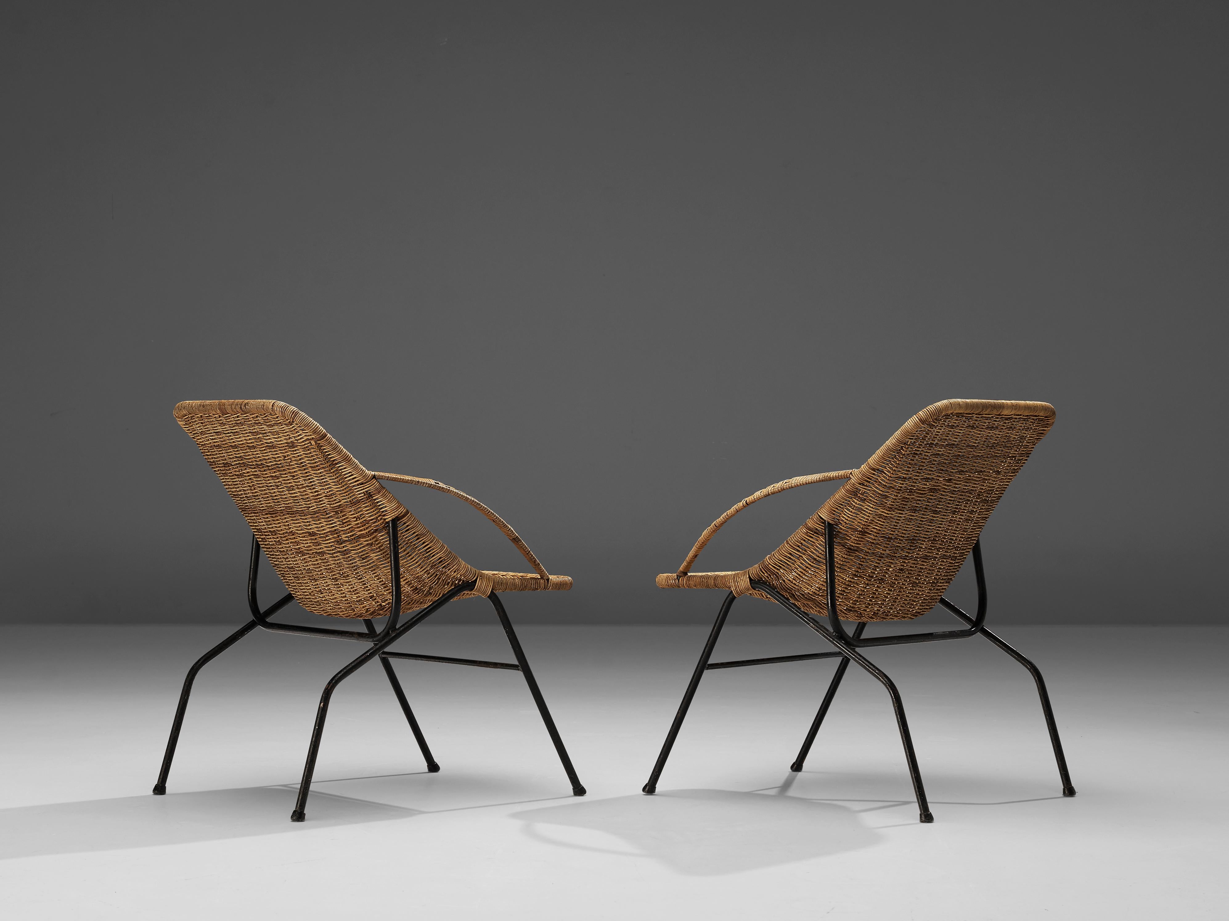 Mid-20th Century French Pair of Woven Cane Chairs, 1950s