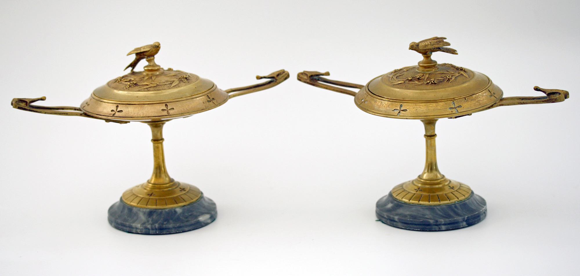 French Pair of Ormolu Bronze Twin Handled and Marble Mounted Lidded Tazzas 11