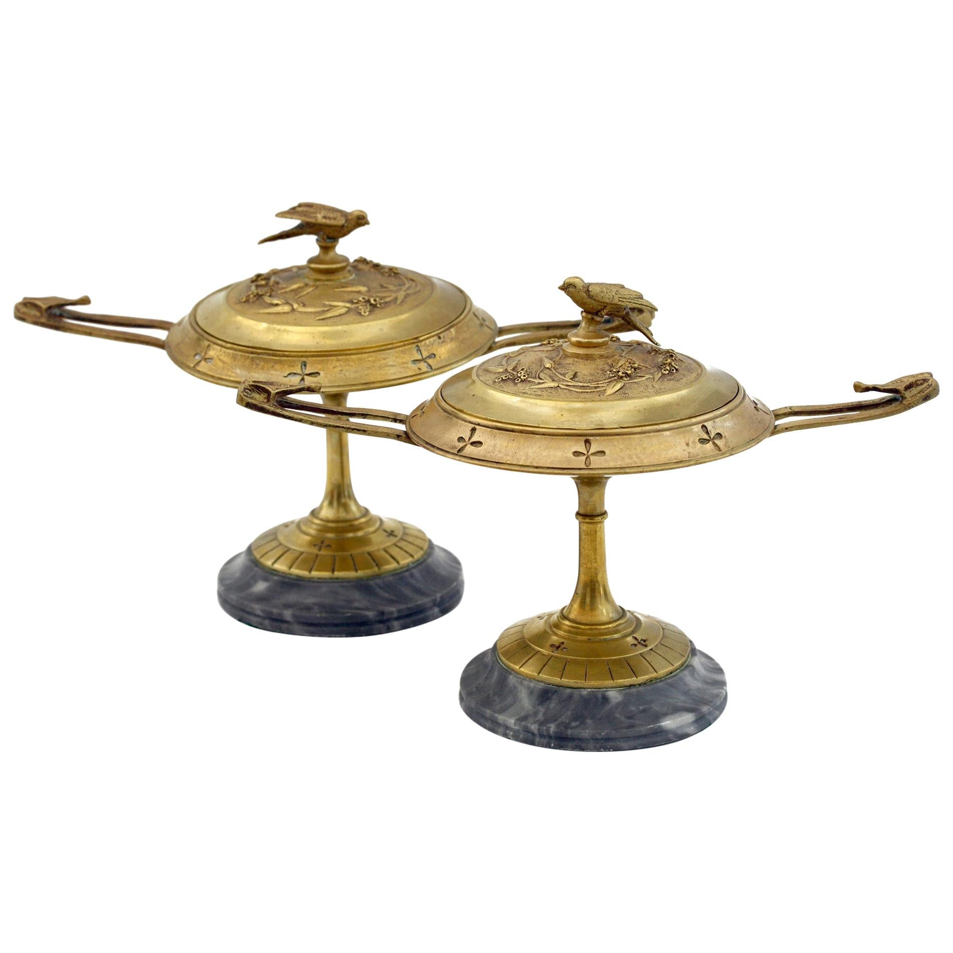 French Pair of Ormolu Bronze Twin Handled and Marble Mounted Lidded Tazzas