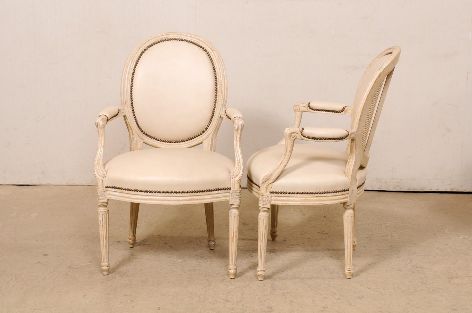 French Pair Oval-Back Wood Armchairs w/New Leather Upholstery (3 Sets Available) For Sale 6