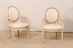 French Pair Oval-Back Wood Armchairs w/New Leather Upholstery (3 Sets Available)