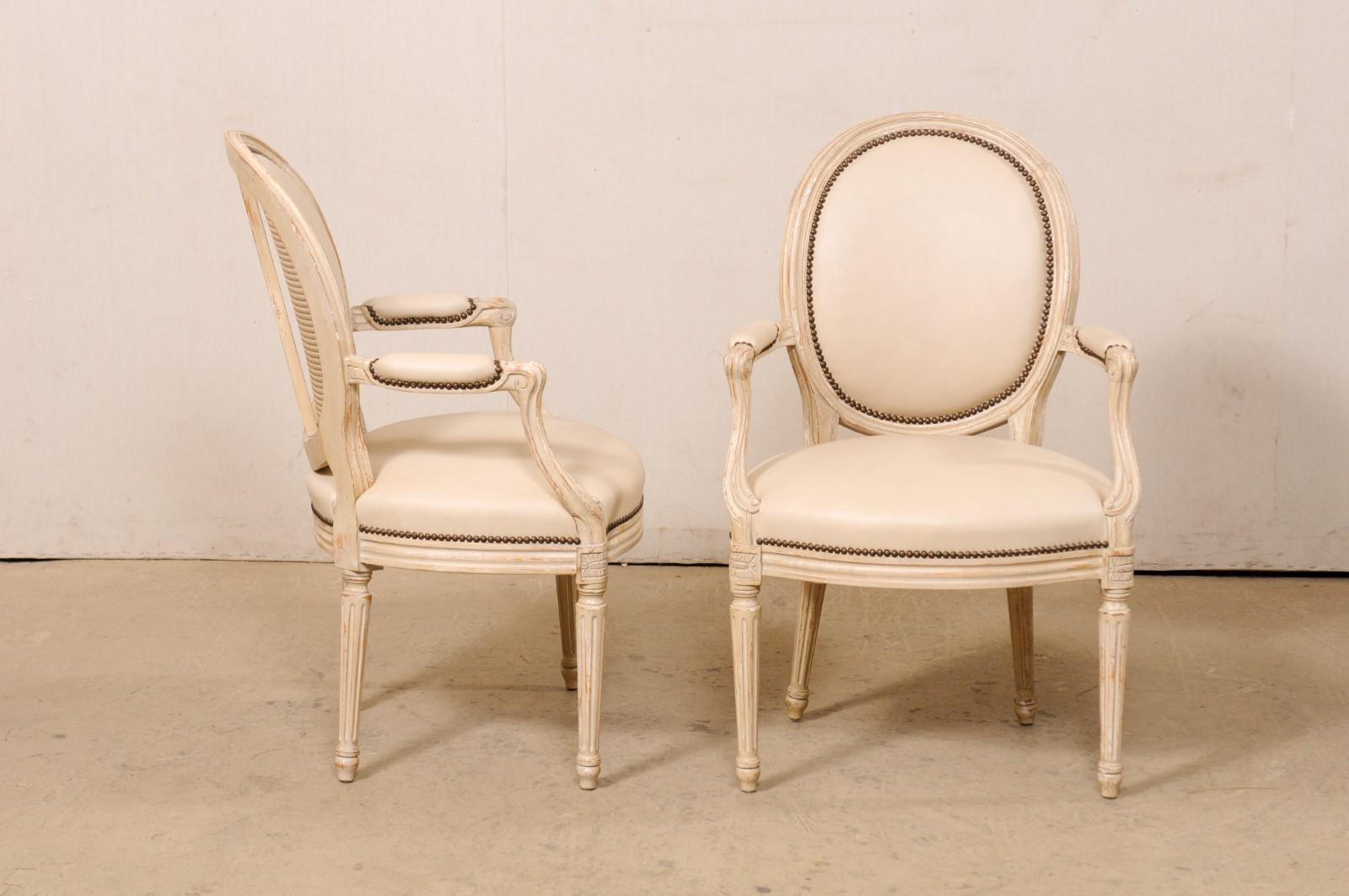 French Pair Oval-Back Wood Armchairs w/New Leather Upholstery (3 Sets Available) For Sale 1