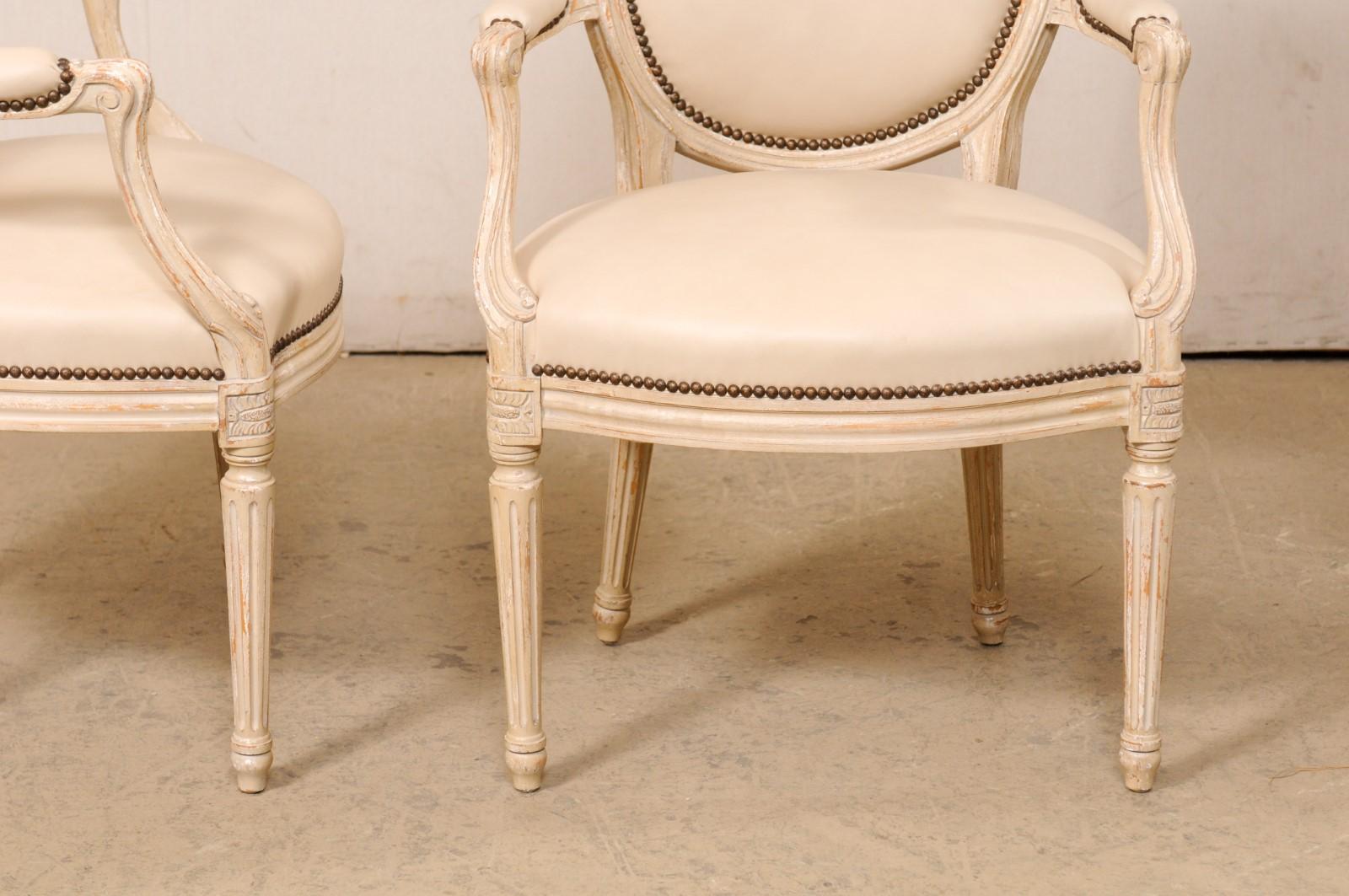 French Pair Oval-Back Wood Armchairs w/New Leather Upholstery (3 Sets Available) For Sale 2