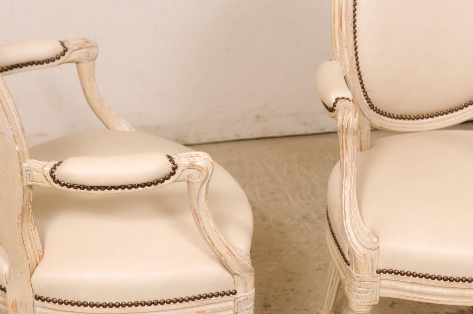 French Pair Oval-Back Wood Armchairs w/New Leather Upholstery (3 Sets Available) For Sale 3