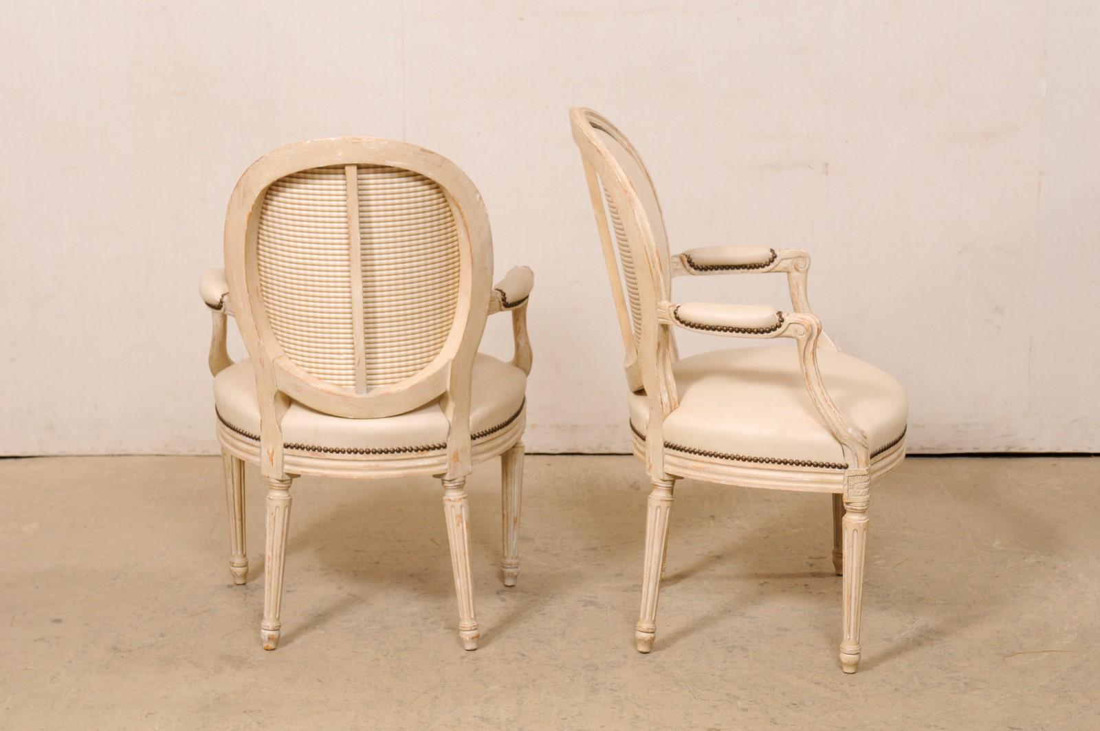 French Pair Oval-Back Wood Armchairs w/New Leather Upholstery (3 Sets Available) For Sale 4