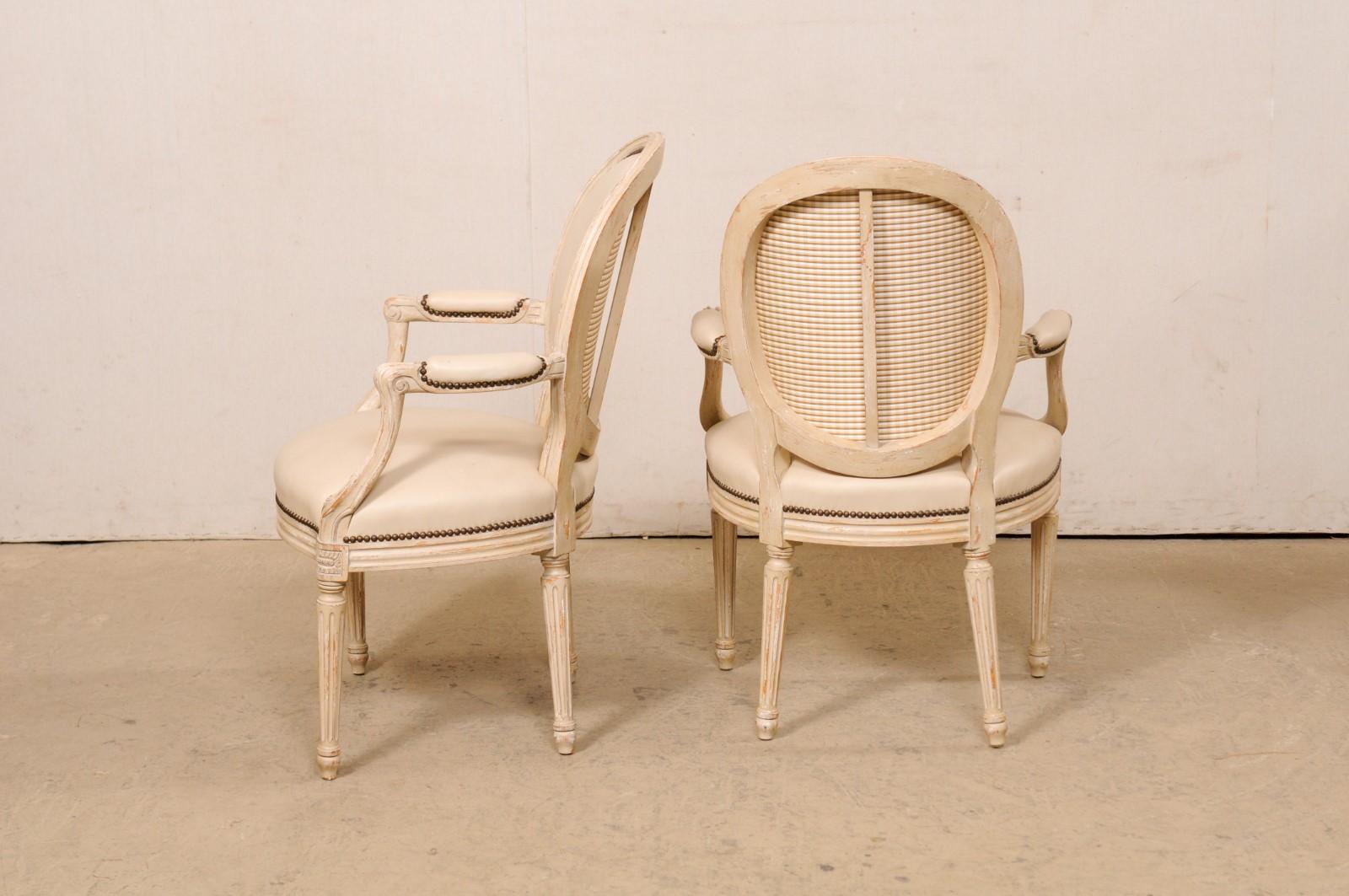 French Pair Oval-Back Wood Armchairs w/New Leather Upholstery (3 Sets Available) For Sale 5