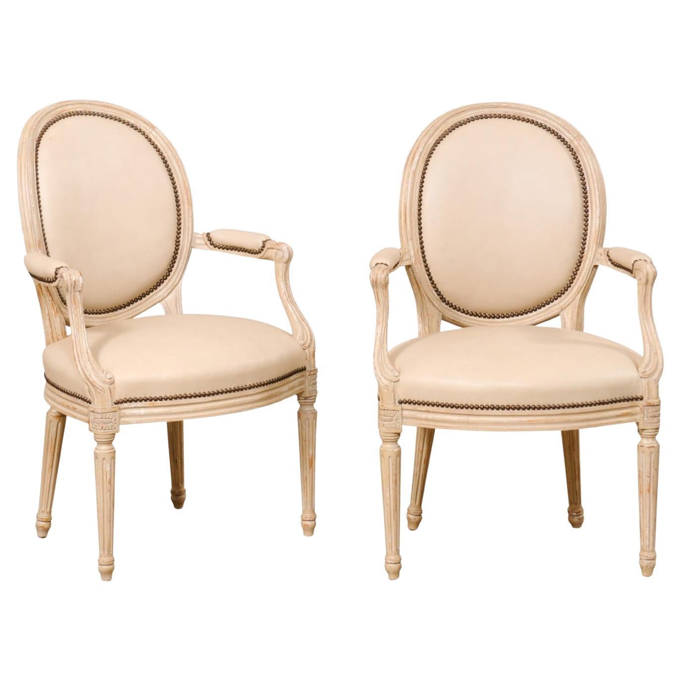 French Pair Oval-Back Wood Armchairs w/New Leather Upholstery (3 Sets Available) For Sale