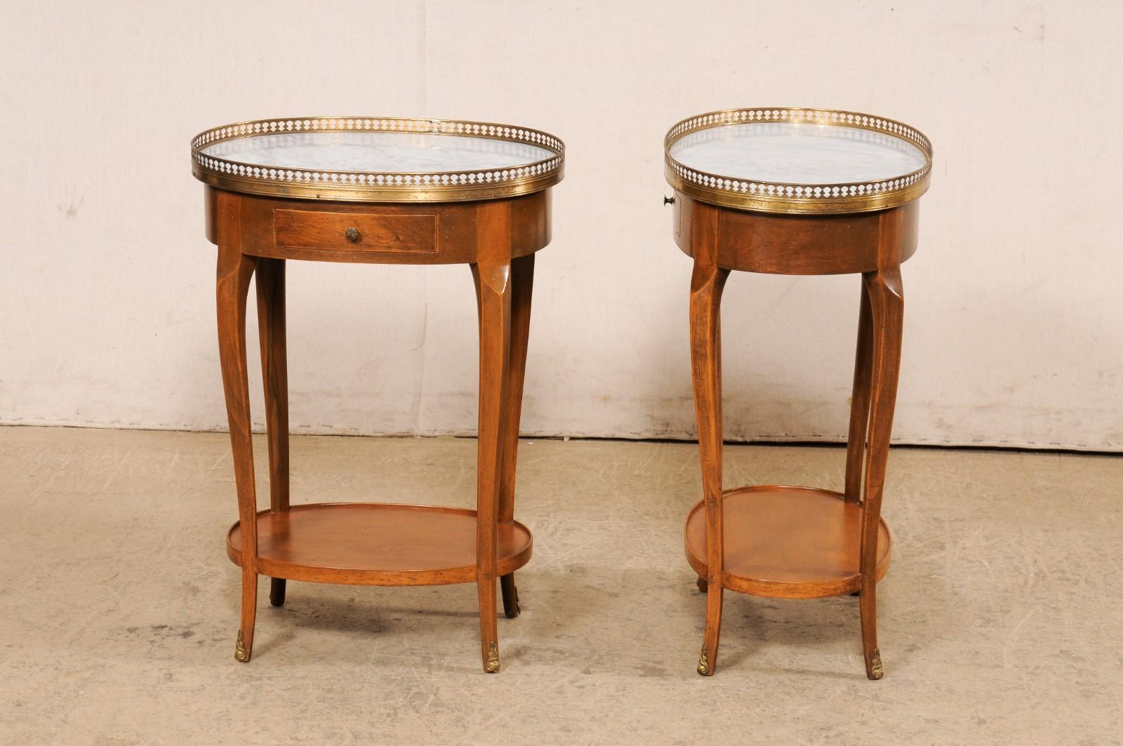 French Pair Oval Side Tables w/Marble & Brass Gallery Tops For Sale 7