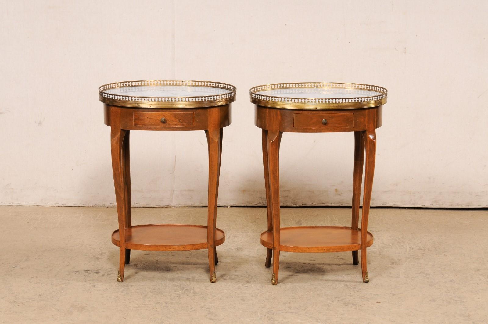 French Pair Oval Side Tables w/Marble & Brass Gallery Tops For Sale 8