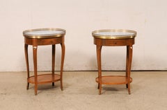 French Pair Oval Side Tables w/Marble & Brass Gallery Tops