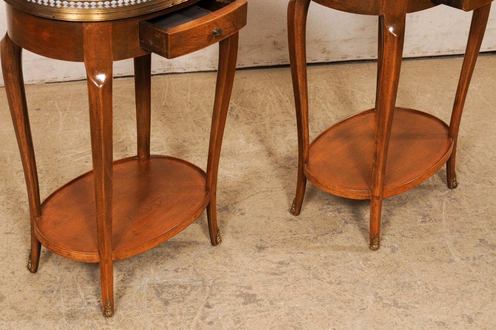20th Century French Pair Oval Side Tables w/Marble & Brass Gallery Tops For Sale