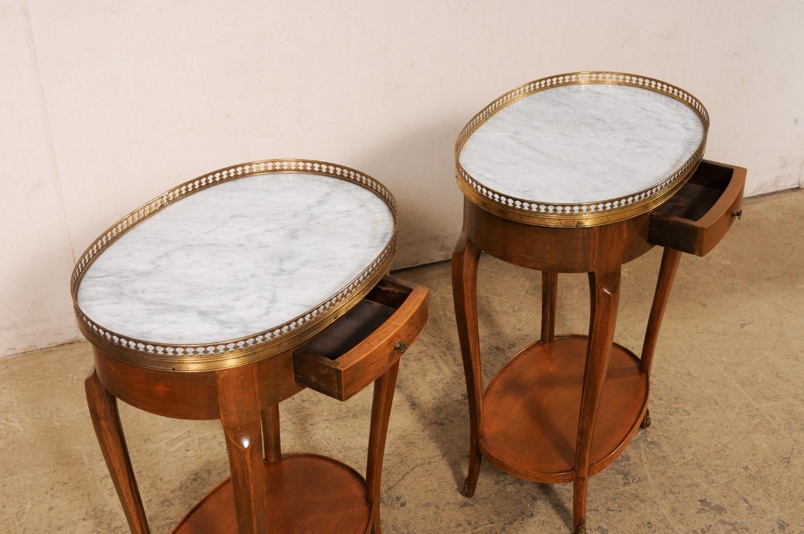 French Pair Oval Side Tables w/Marble & Brass Gallery Tops For Sale 1