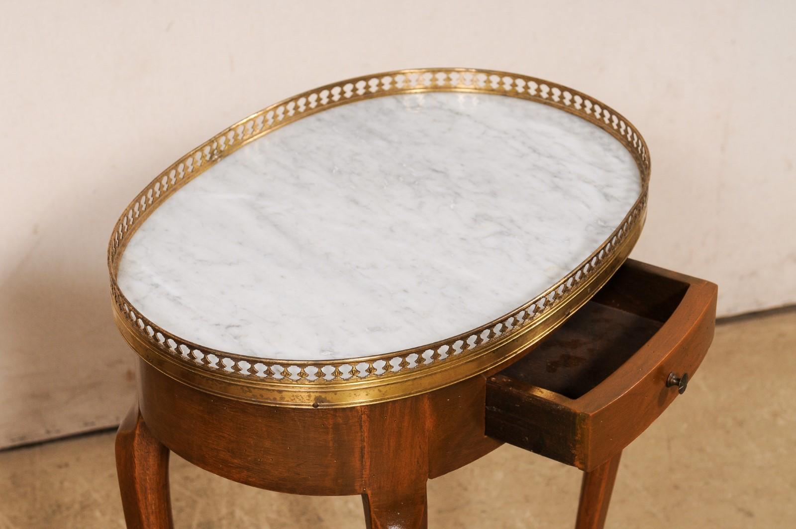 French Pair Oval Side Tables w/Marble & Brass Gallery Tops For Sale 2