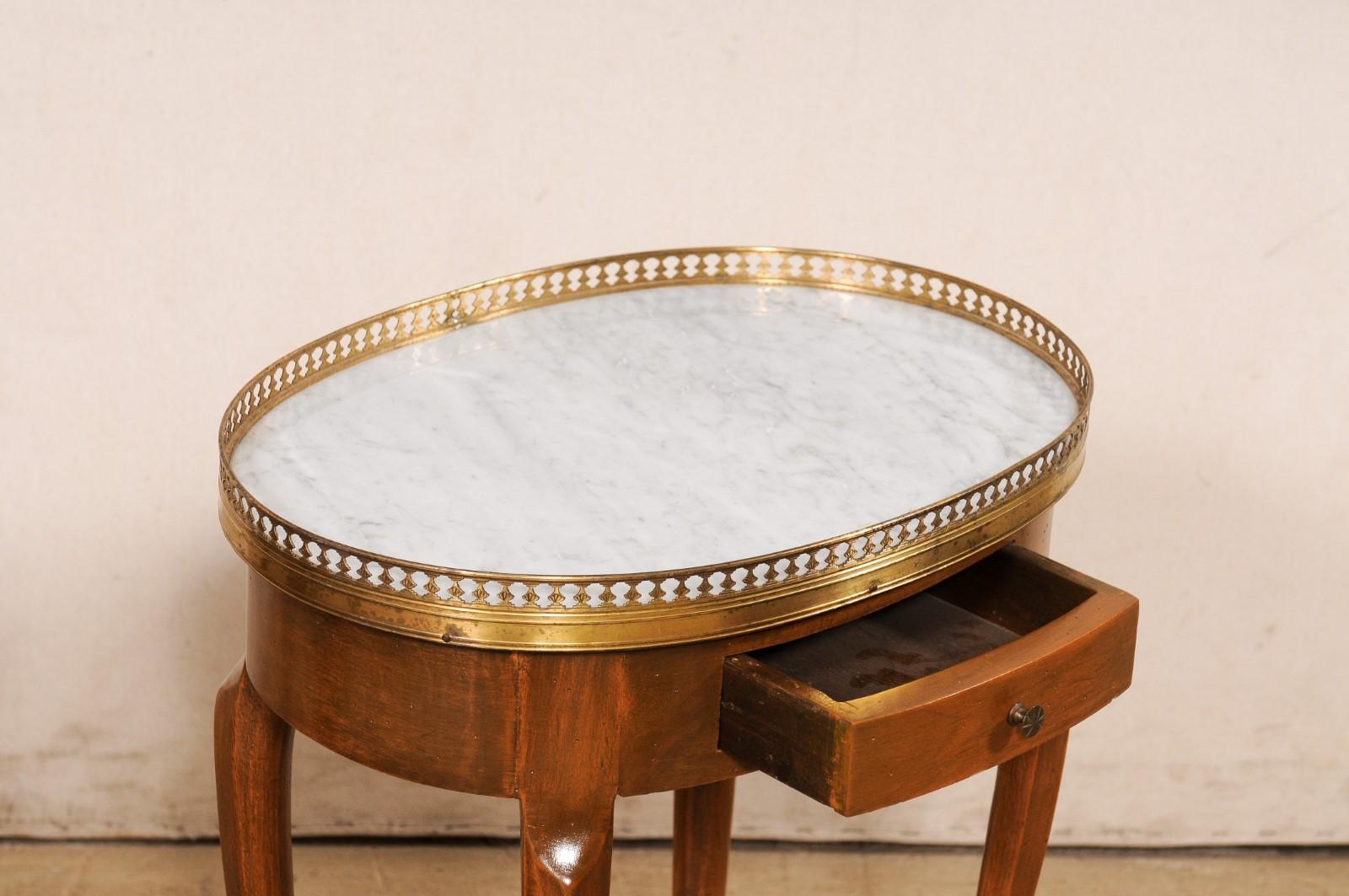 French Pair Oval Side Tables w/Marble & Brass Gallery Tops For Sale 3