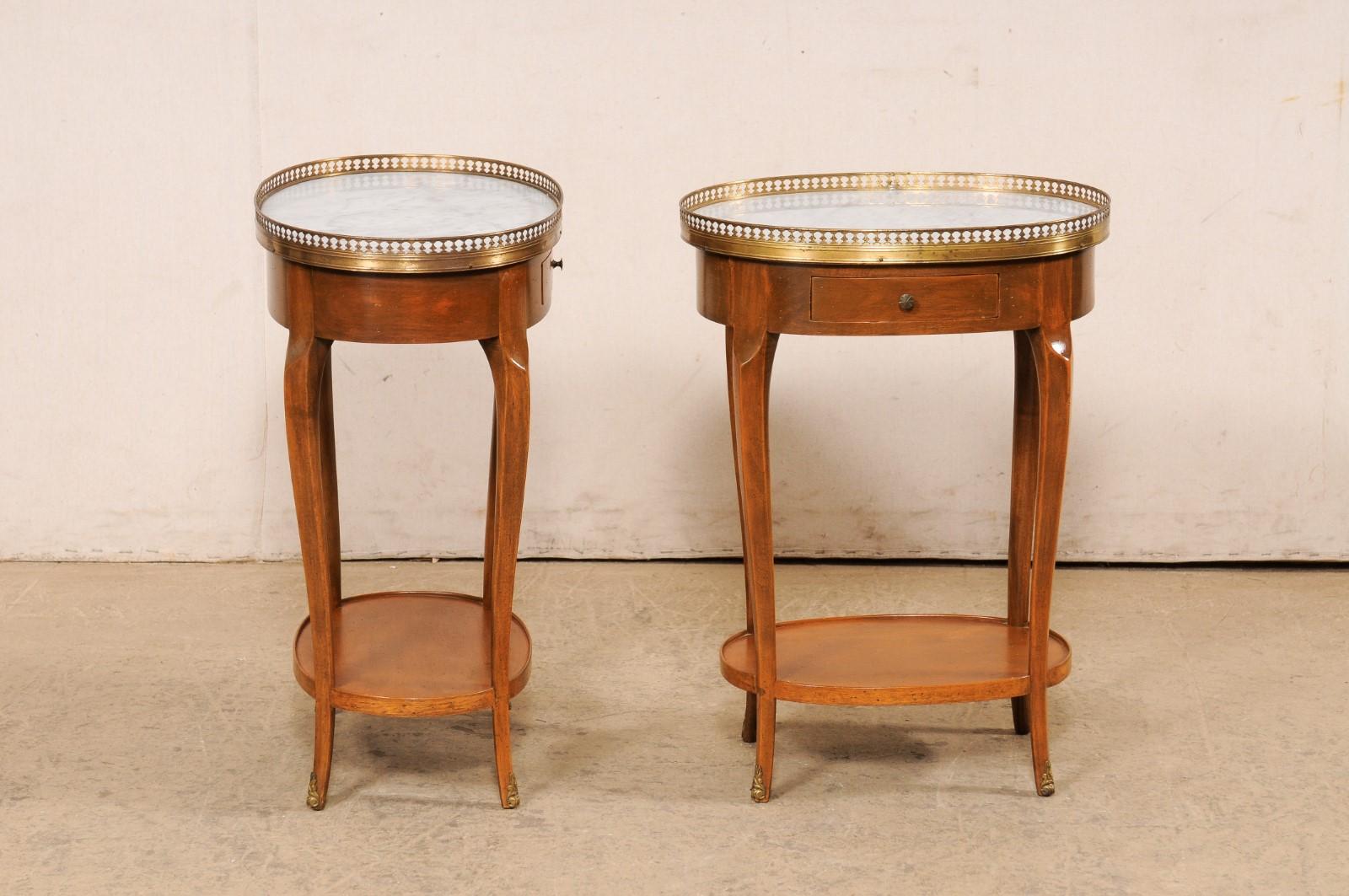 French Pair Oval Side Tables w/Marble & Brass Gallery Tops For Sale 4
