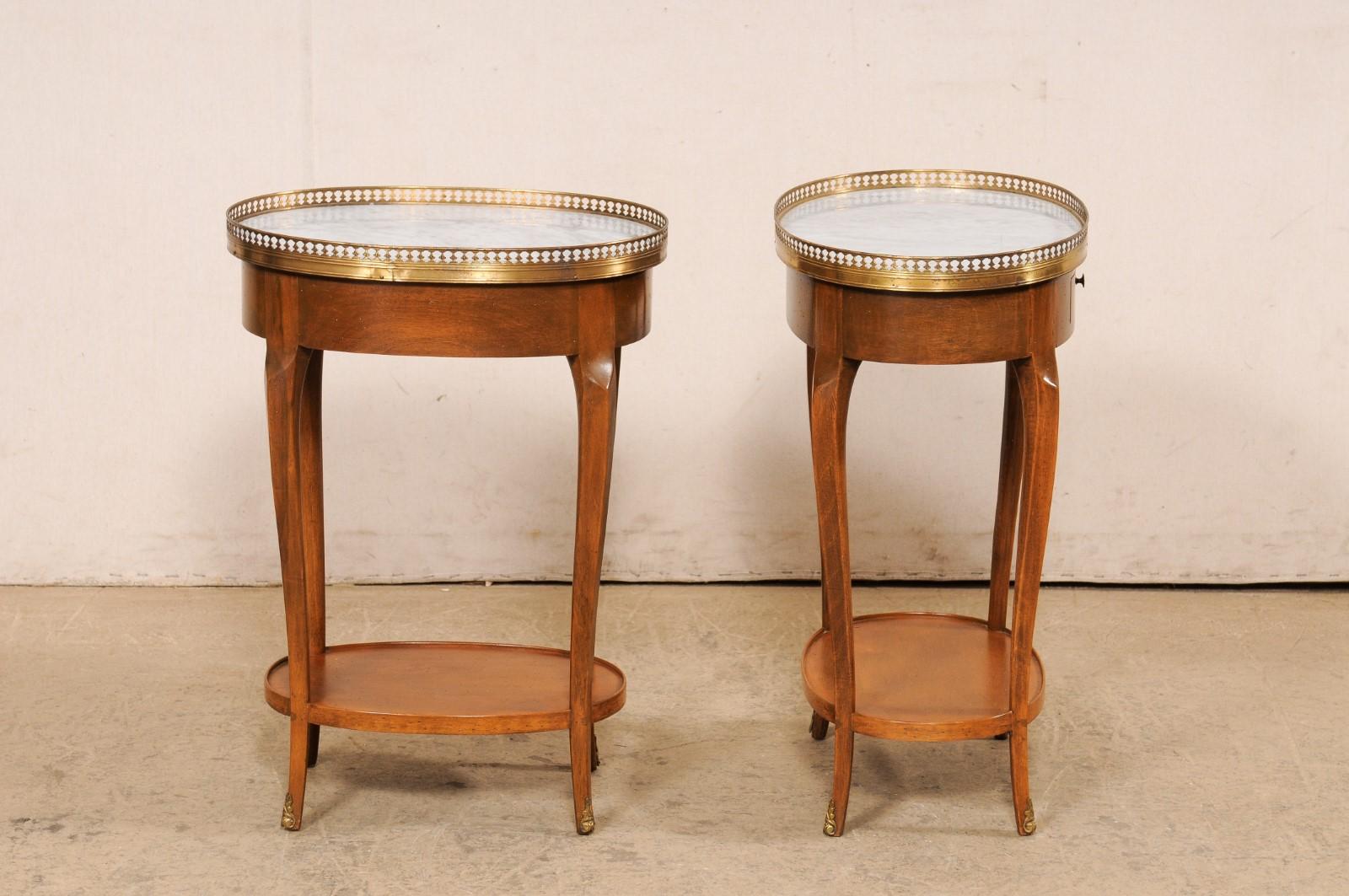 French Pair Oval Side Tables w/Marble & Brass Gallery Tops For Sale 5