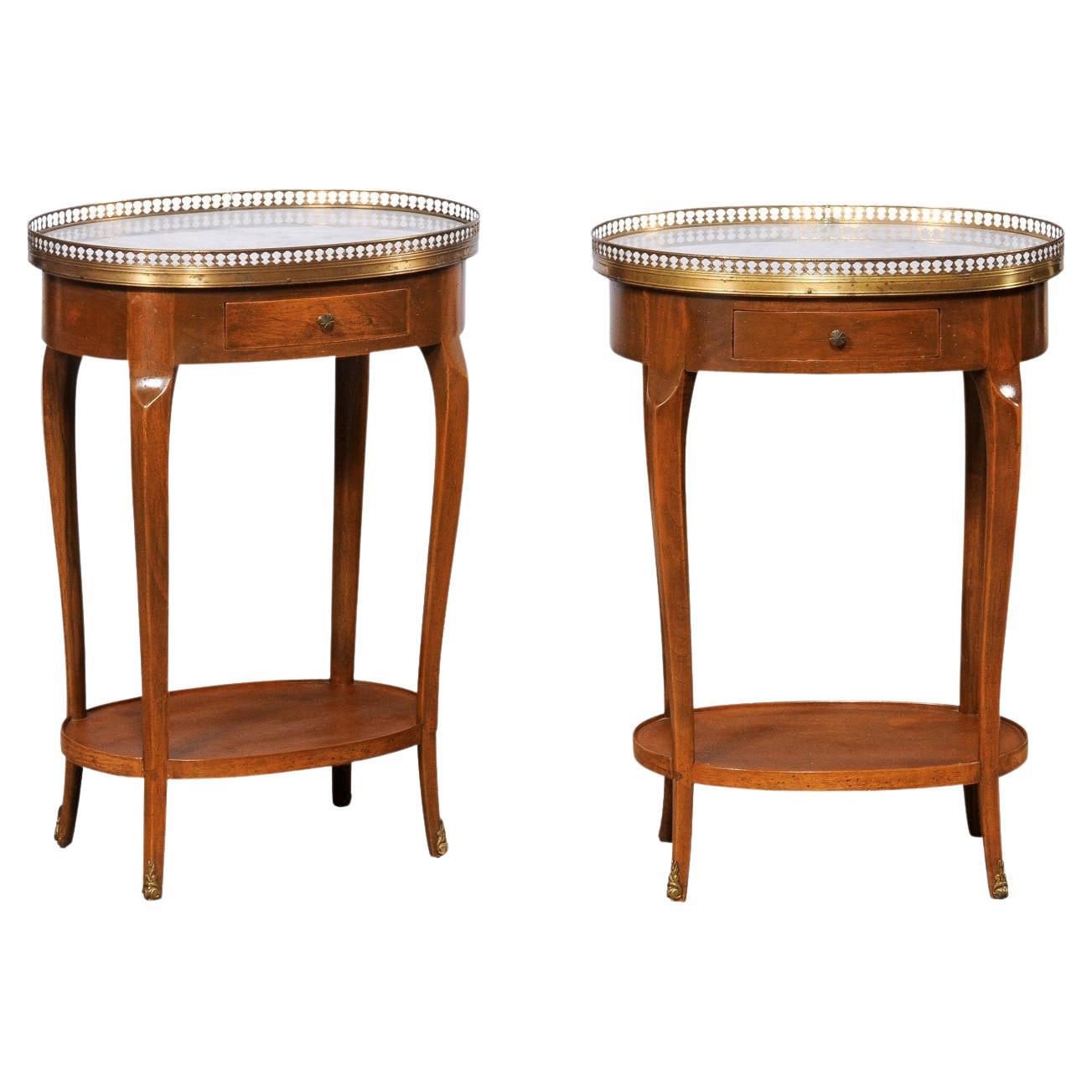 French Pair Oval Side Tables w/Marble & Brass Gallery Tops