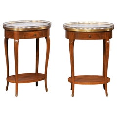 Used French Pair Oval Side Tables w/Marble & Brass Gallery Tops