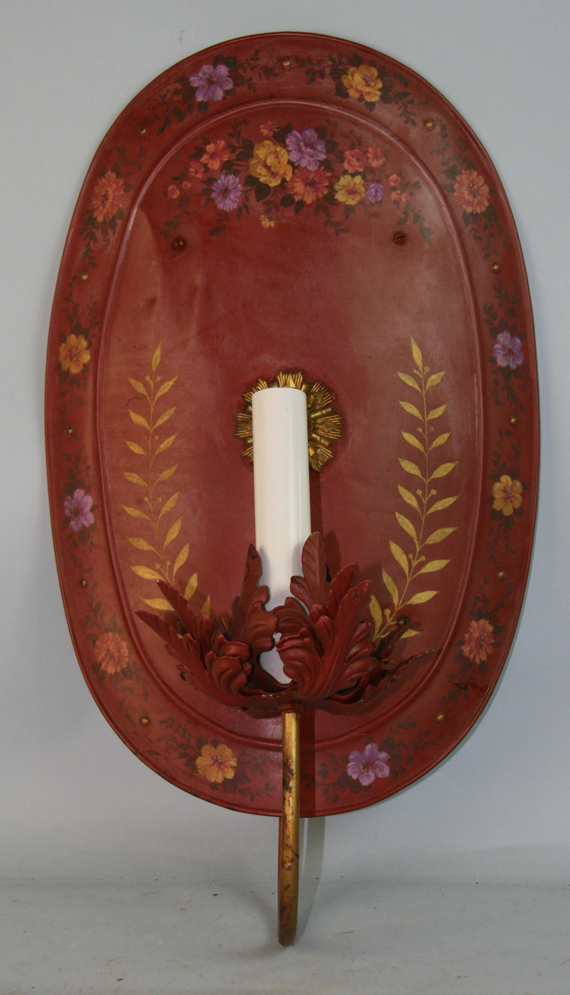 1264 Pair French oversized oval hand painted sconces.