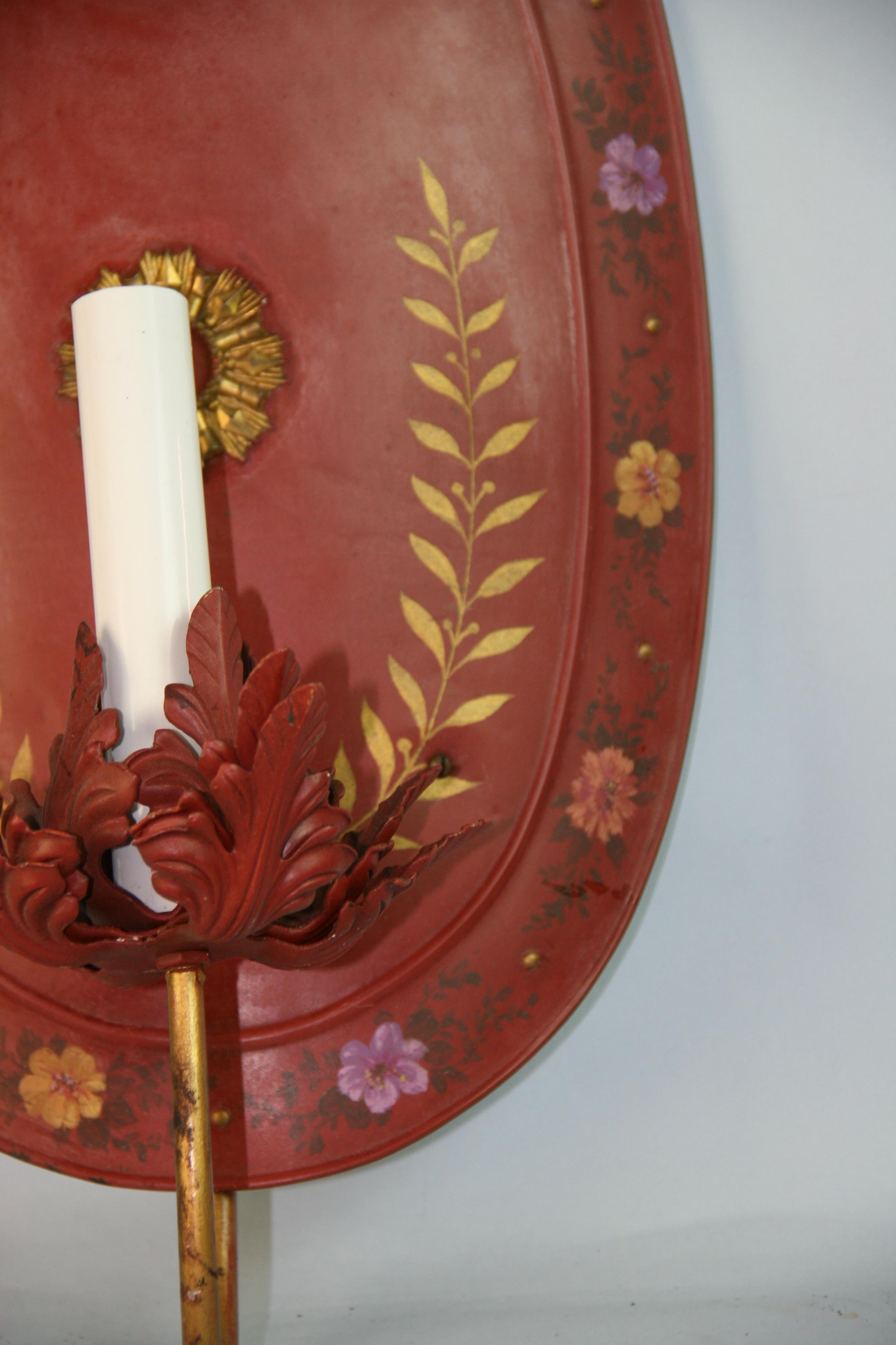Late 20th Century French Pair Oversized Oval Hand Painted Floral Sconces For Sale
