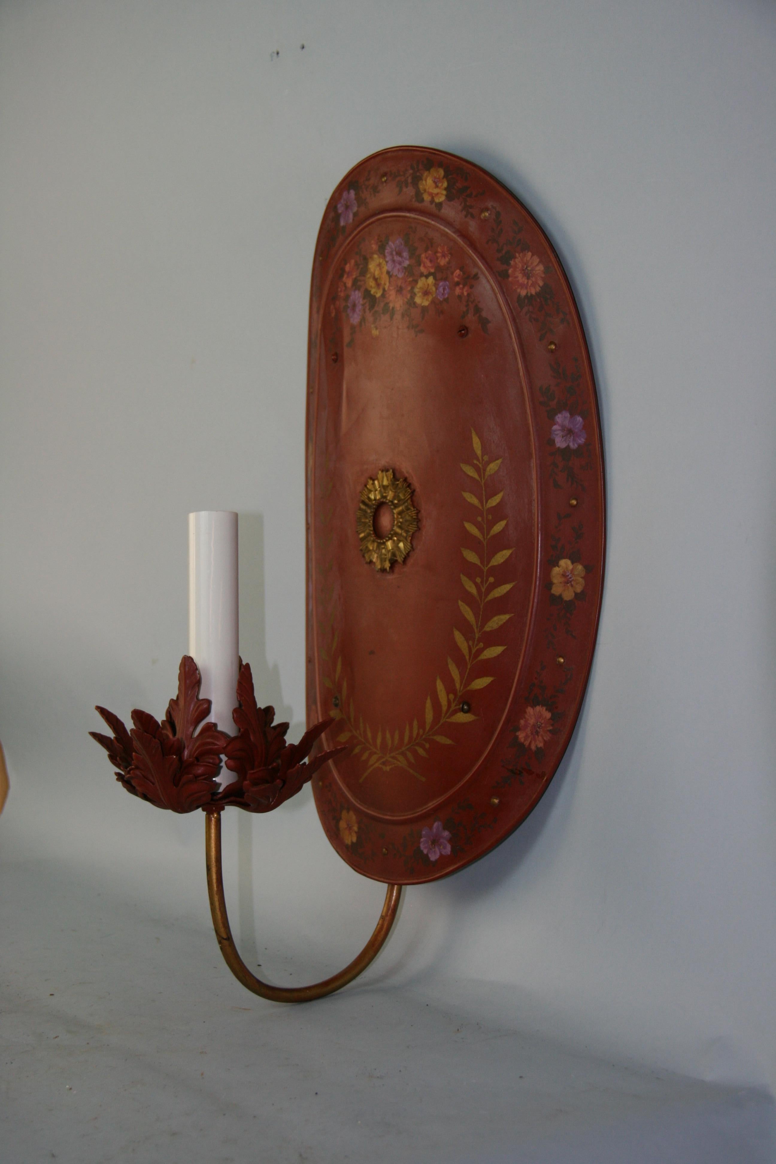French Pair Oversized Oval Hand Painted Floral Sconces For Sale 1