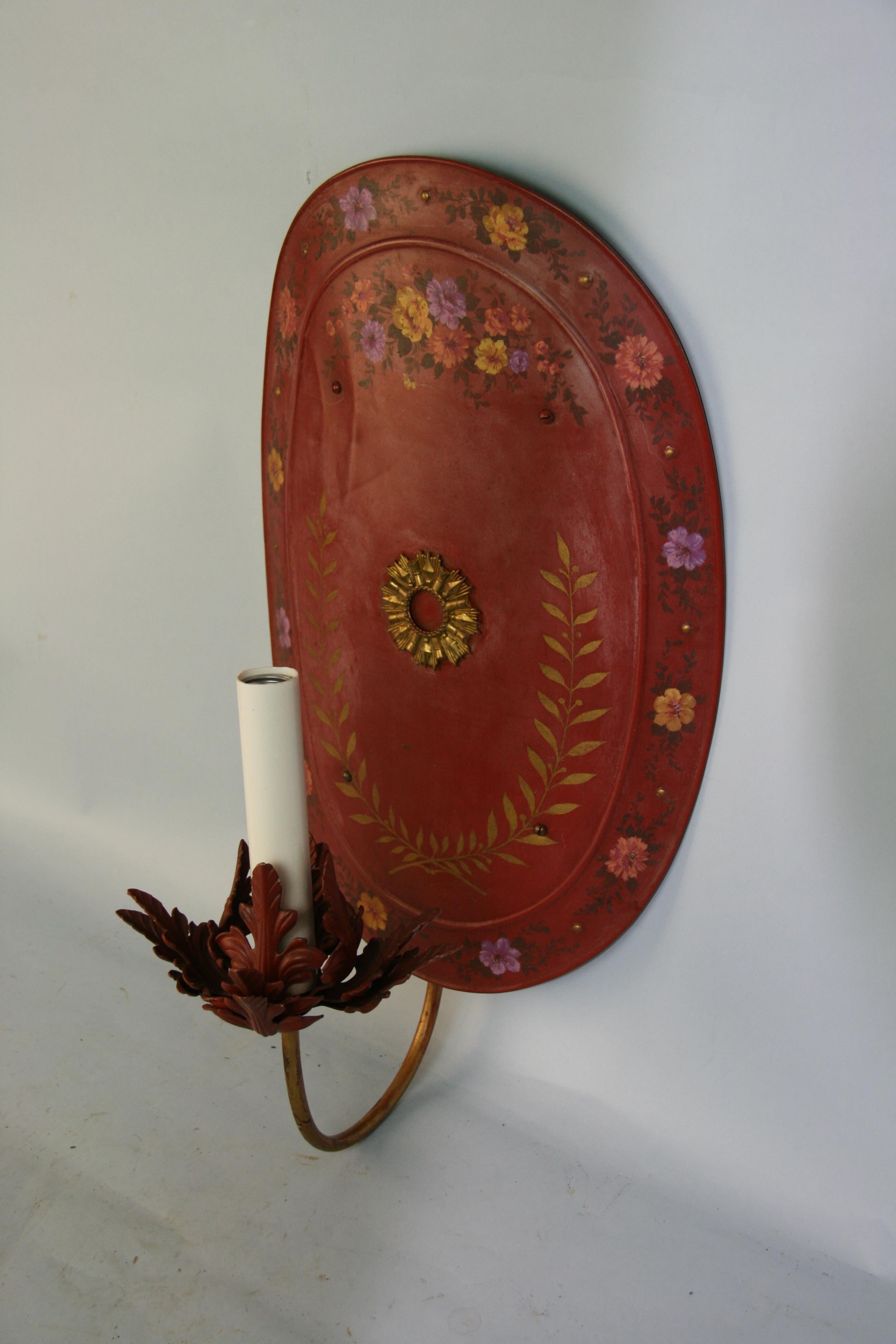 French Pair Oversized Oval Hand Painted Floral Sconces For Sale 4