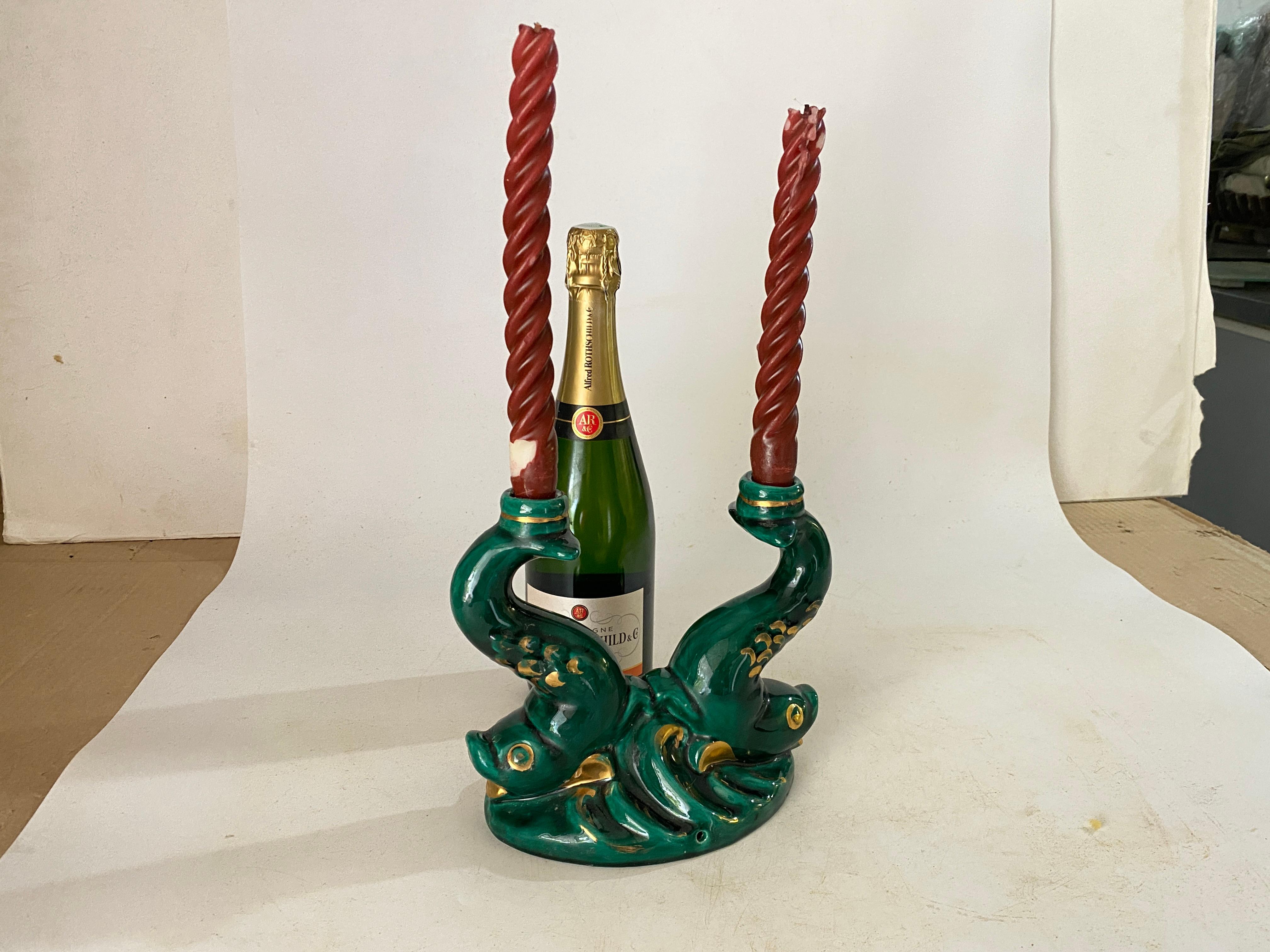 This is a pair of Candle Holder . It has been made in France circa 1970.
The color is Green

The size does not include includes the candles Height.
