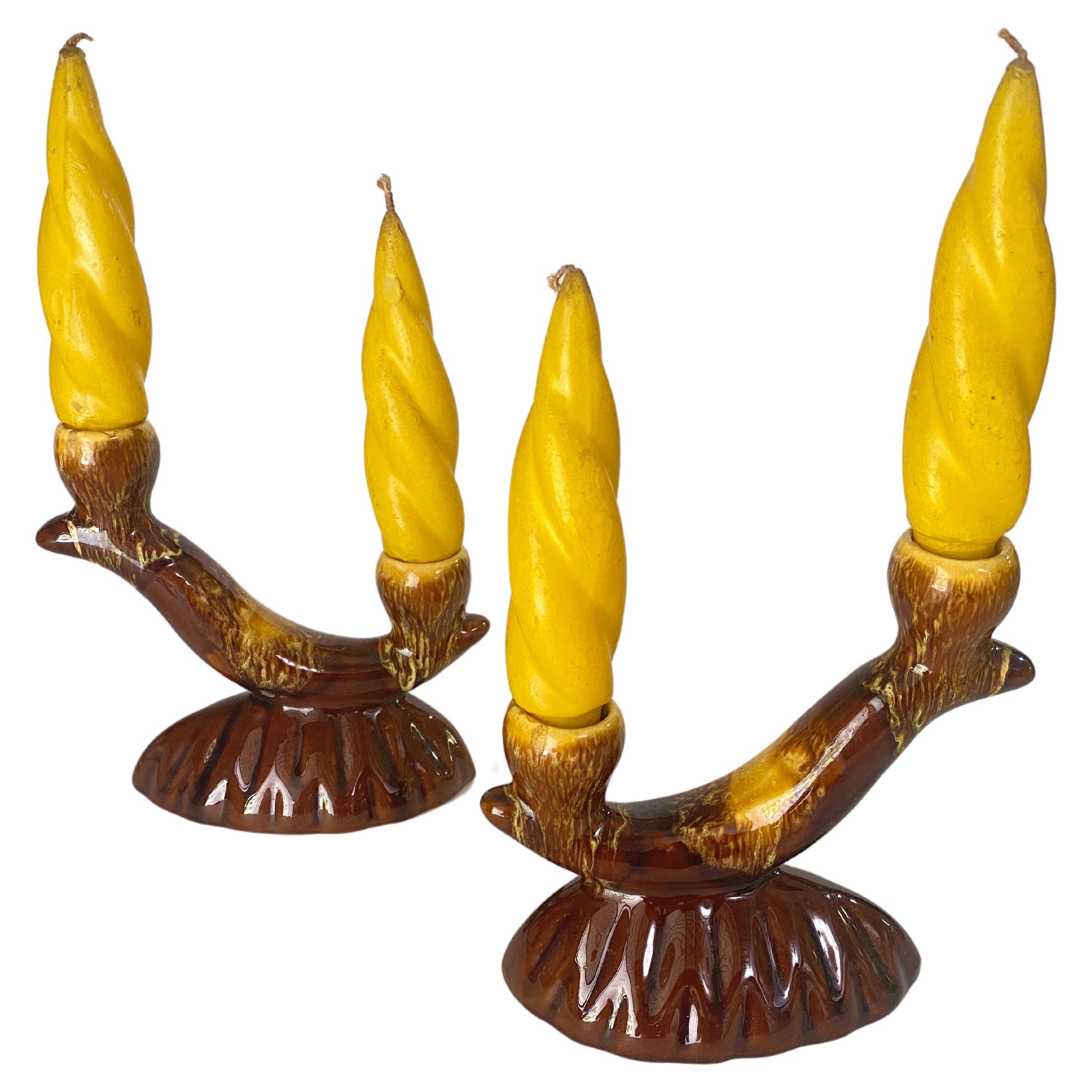 French Pair Pair of Candle holder Ceramic France 1970s  With yellow old candles