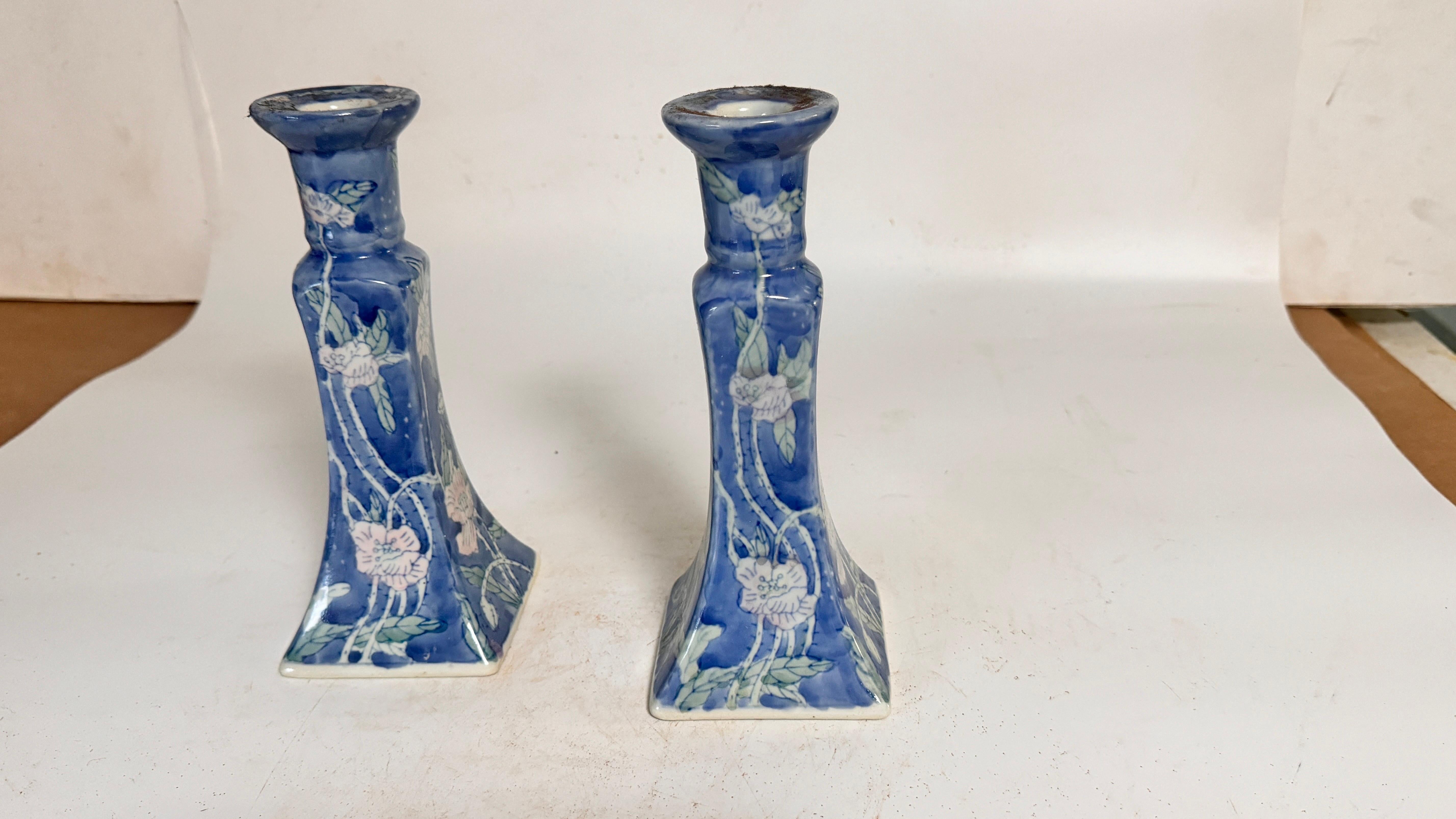 French Pair Pair of Candle holder In blue Ceramic France 1970s  