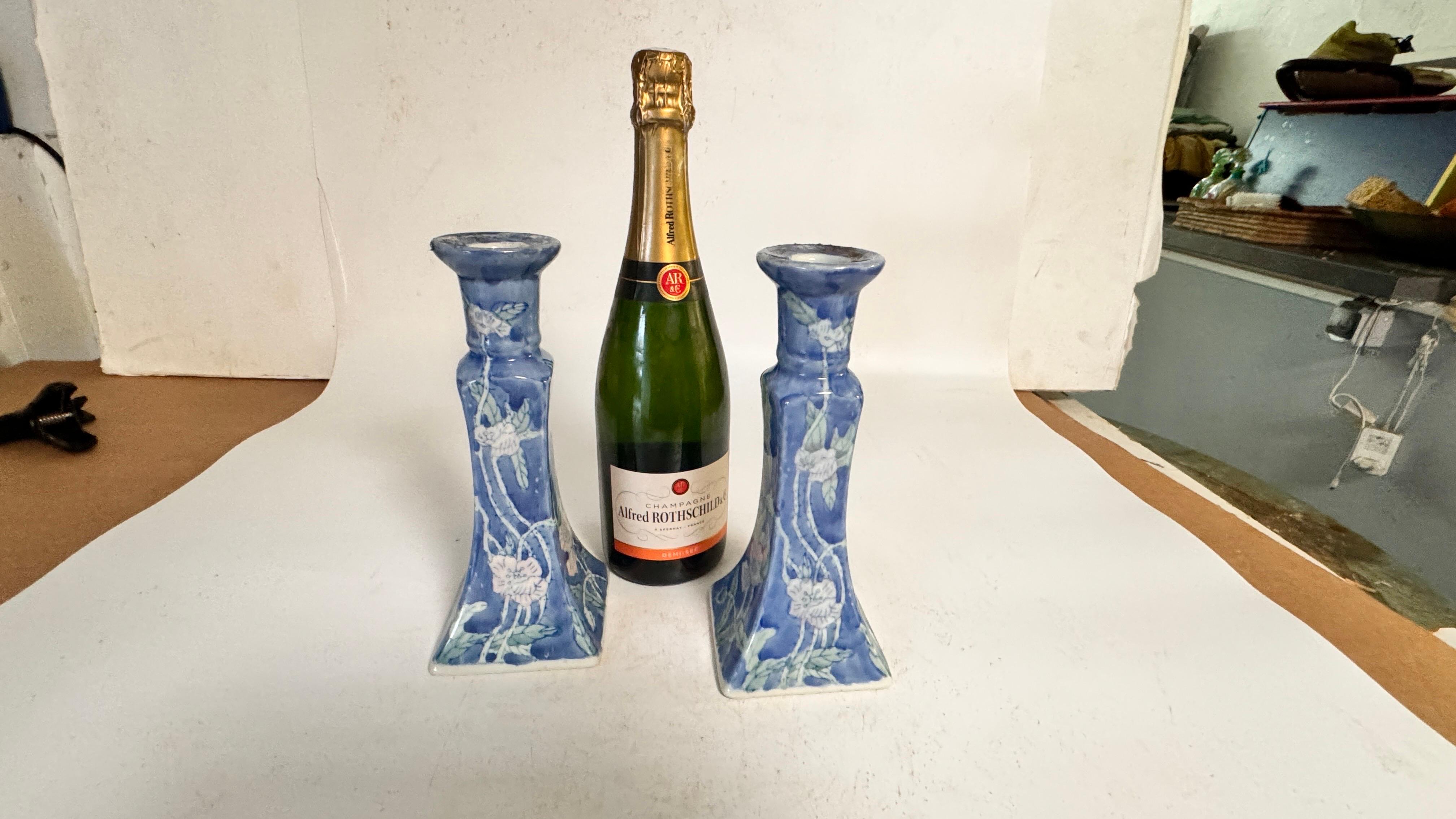 French Pair Pair of Candle holder In blue Ceramic France 1970s For Sale 2