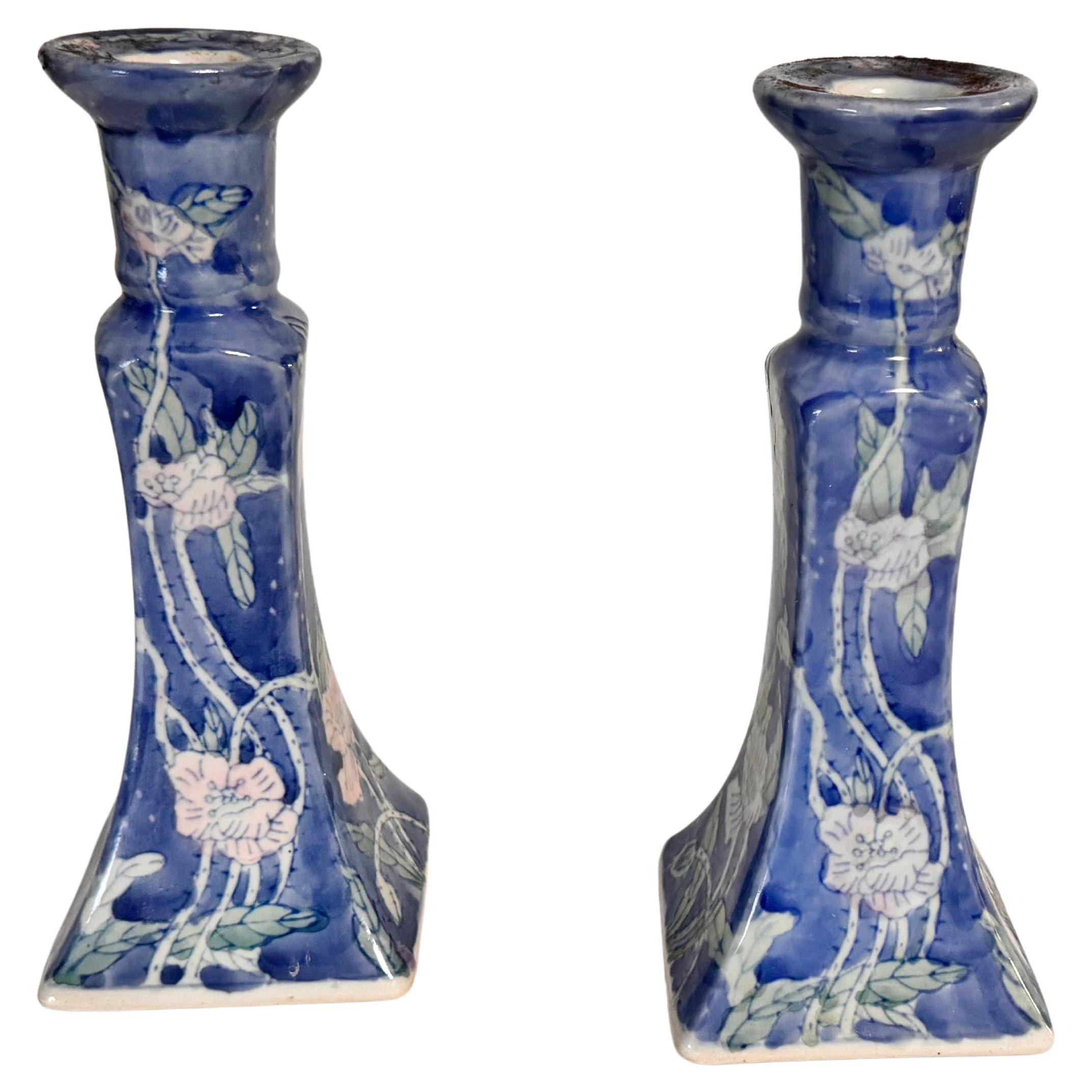French Pair Pair of Candle holder In blue Ceramic France 1970s