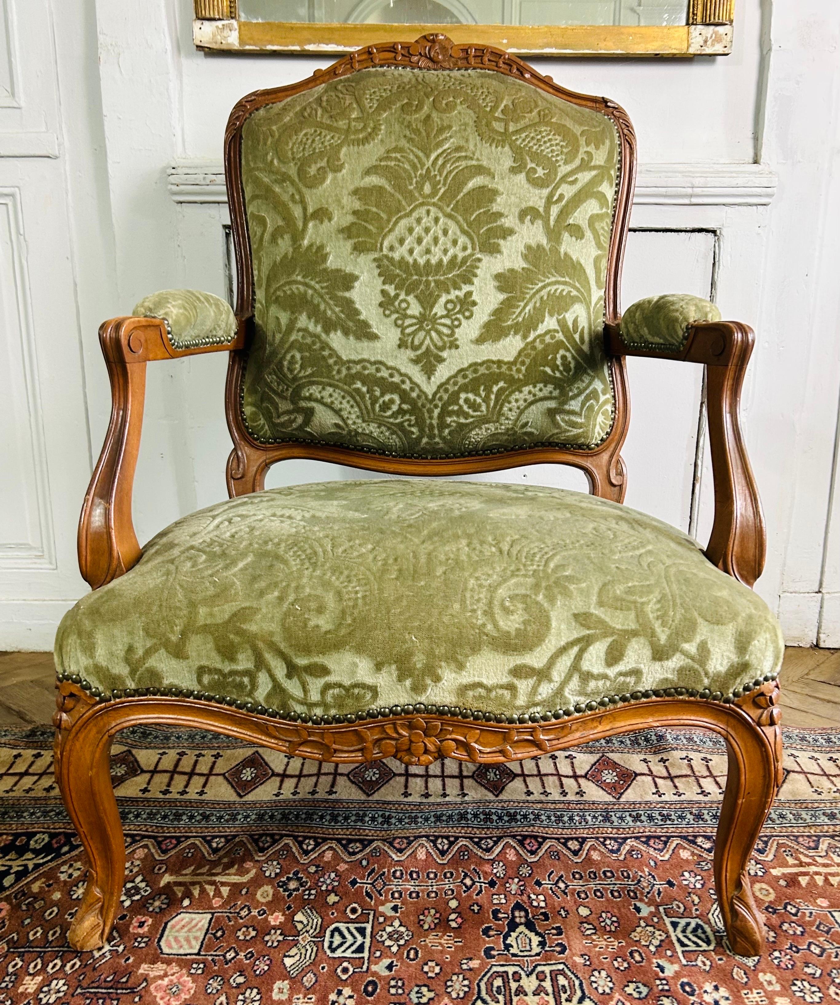 19th Century French Pair Queen Louis XV cabriolet armchairs green velvet upholstery 19th  For Sale