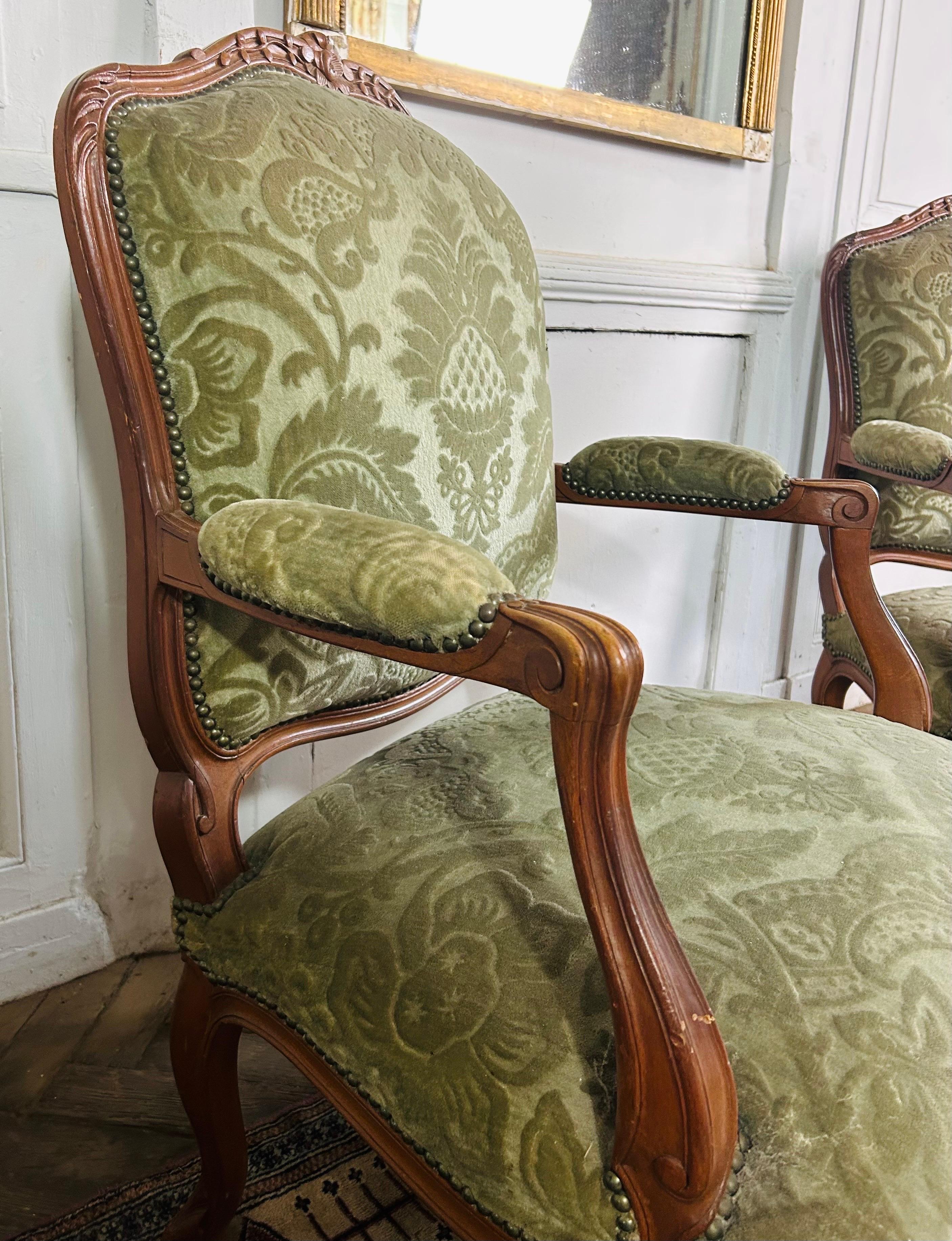 Upholstery French Pair Queen Louis XV cabriolet armchairs green velvet upholstery 19th  For Sale