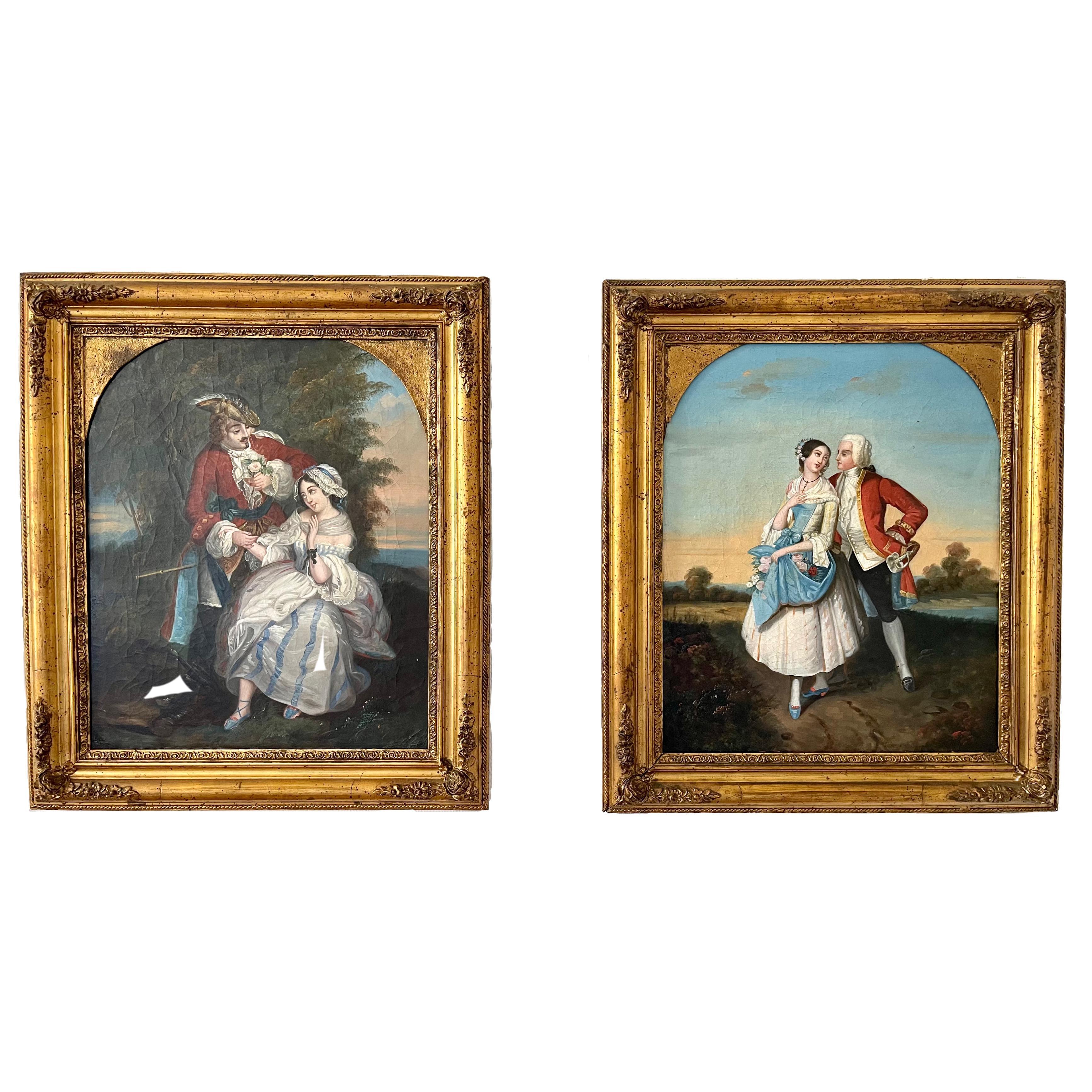 French pair romantic couple painting 19th-Century  For Sale 2