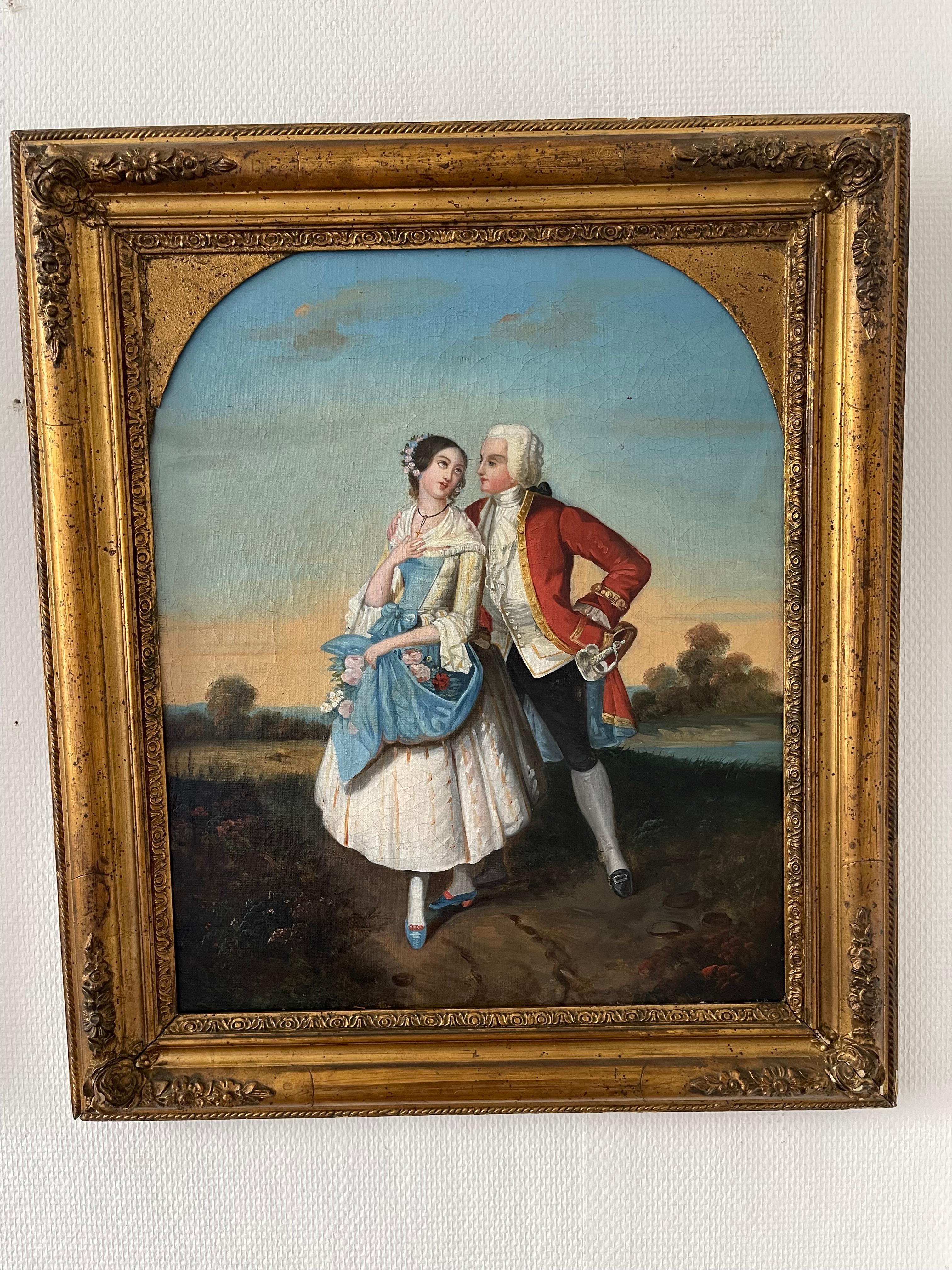 These two paintings form a pair of artistic works that capture typical amorous scenes from the 19th century. The first painting depicts two young individuals standing, dressed in period costumes. There is a palpable tension in the exchanged glances