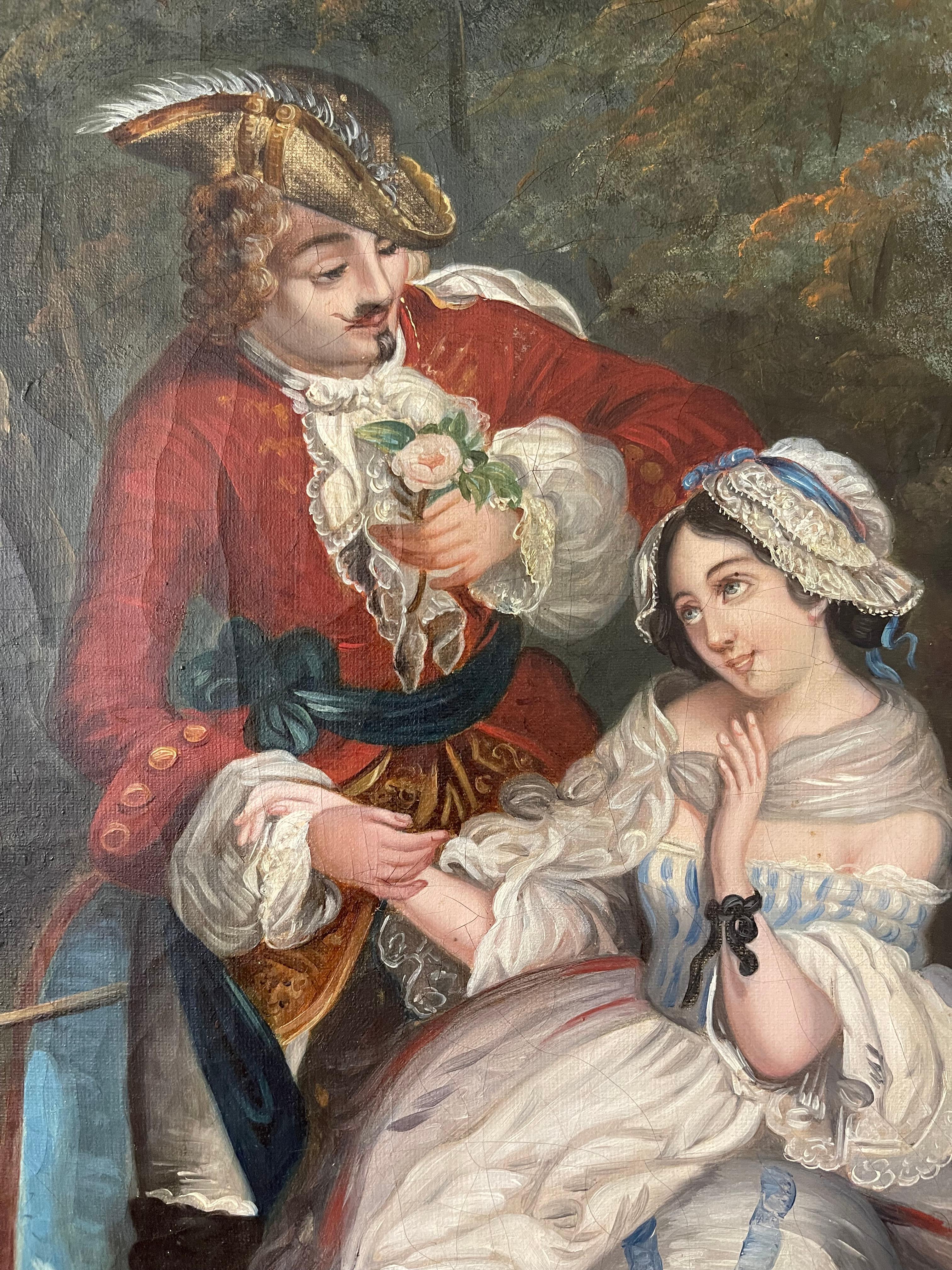 Canvas French pair romantic couple painting 19th-Century  For Sale