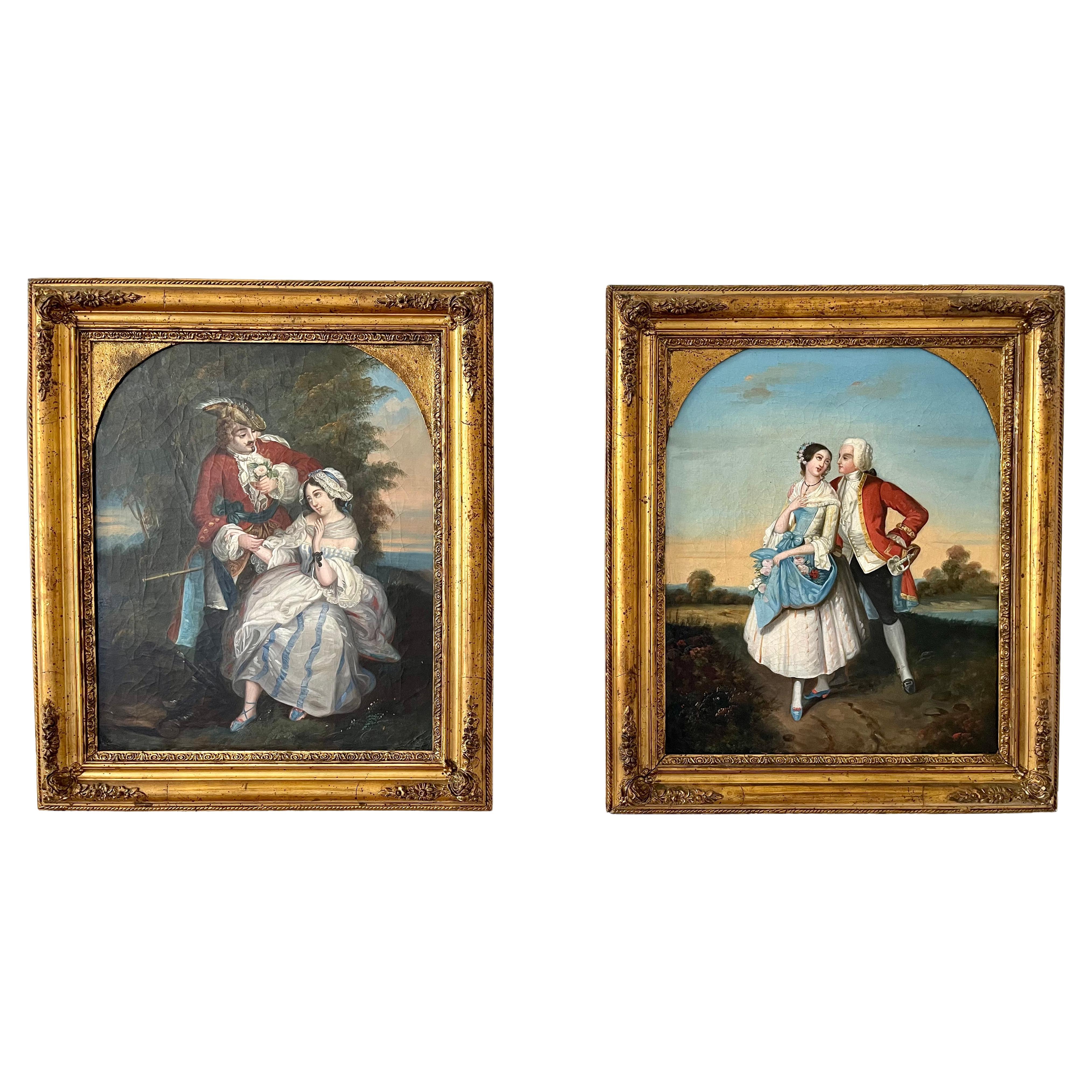 French pair romantic couple painting 19th-Century  For Sale